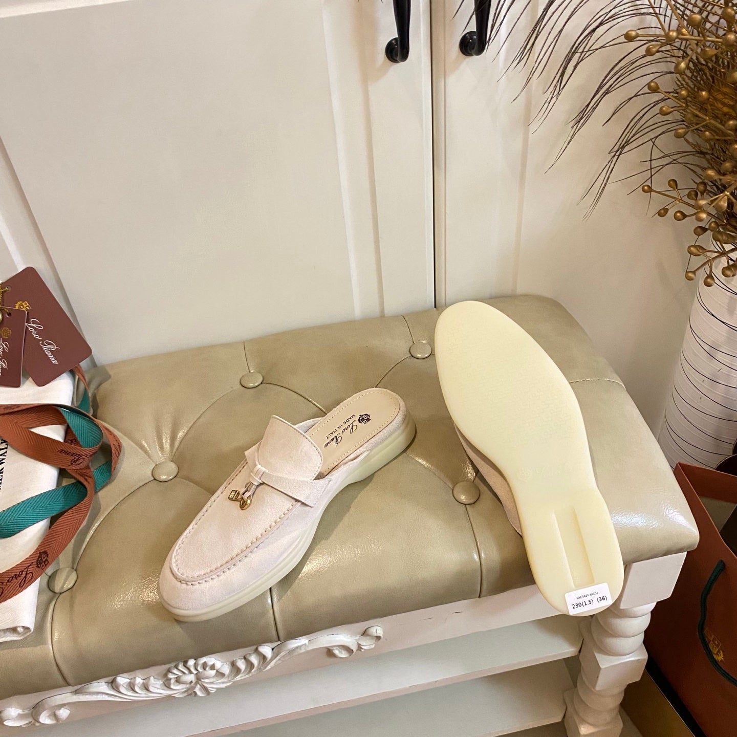 LP 26s Lock Charm Mules In Beige Suede Gold Hardware