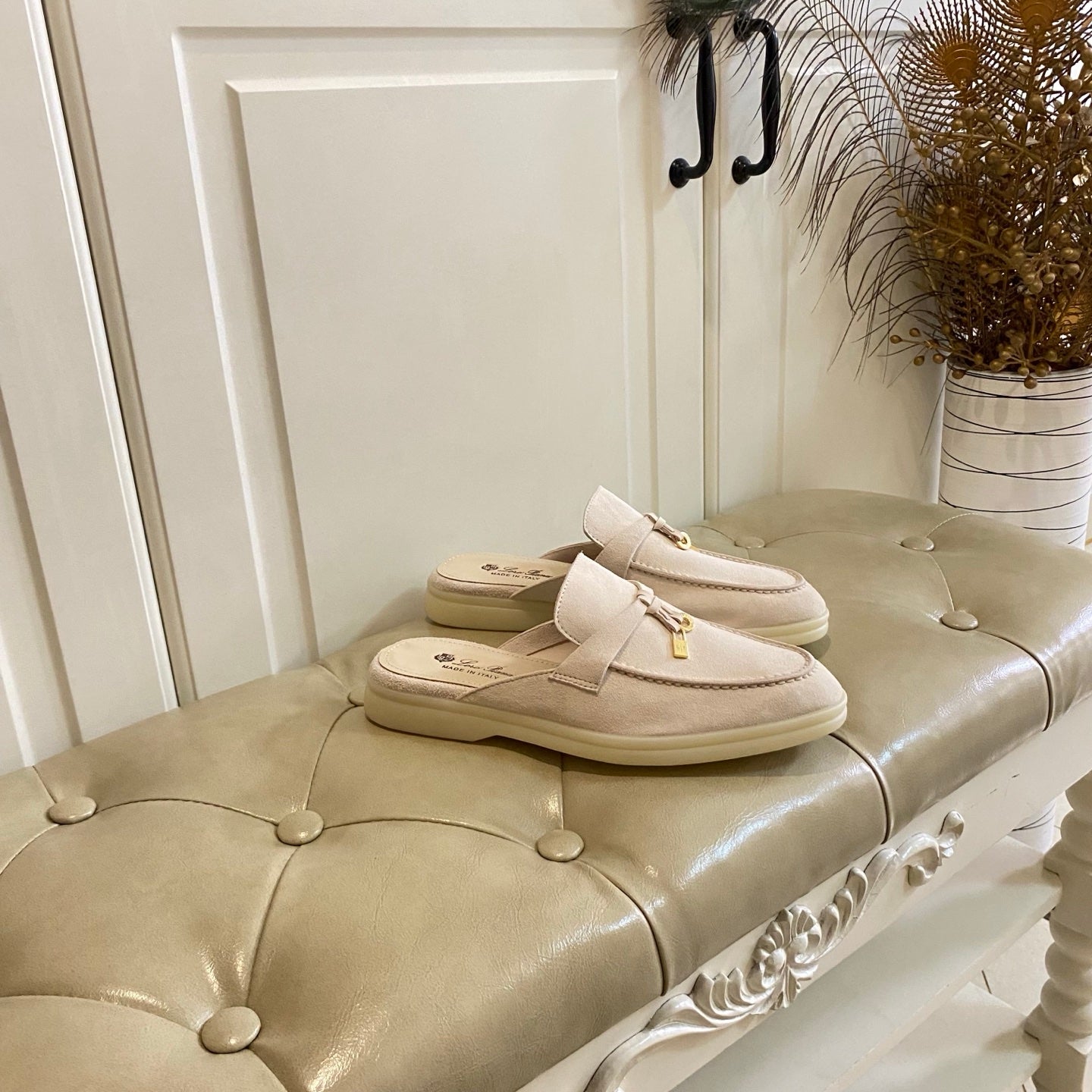 LP 26s Lock Charm Mules In Beige Suede Gold Hardware