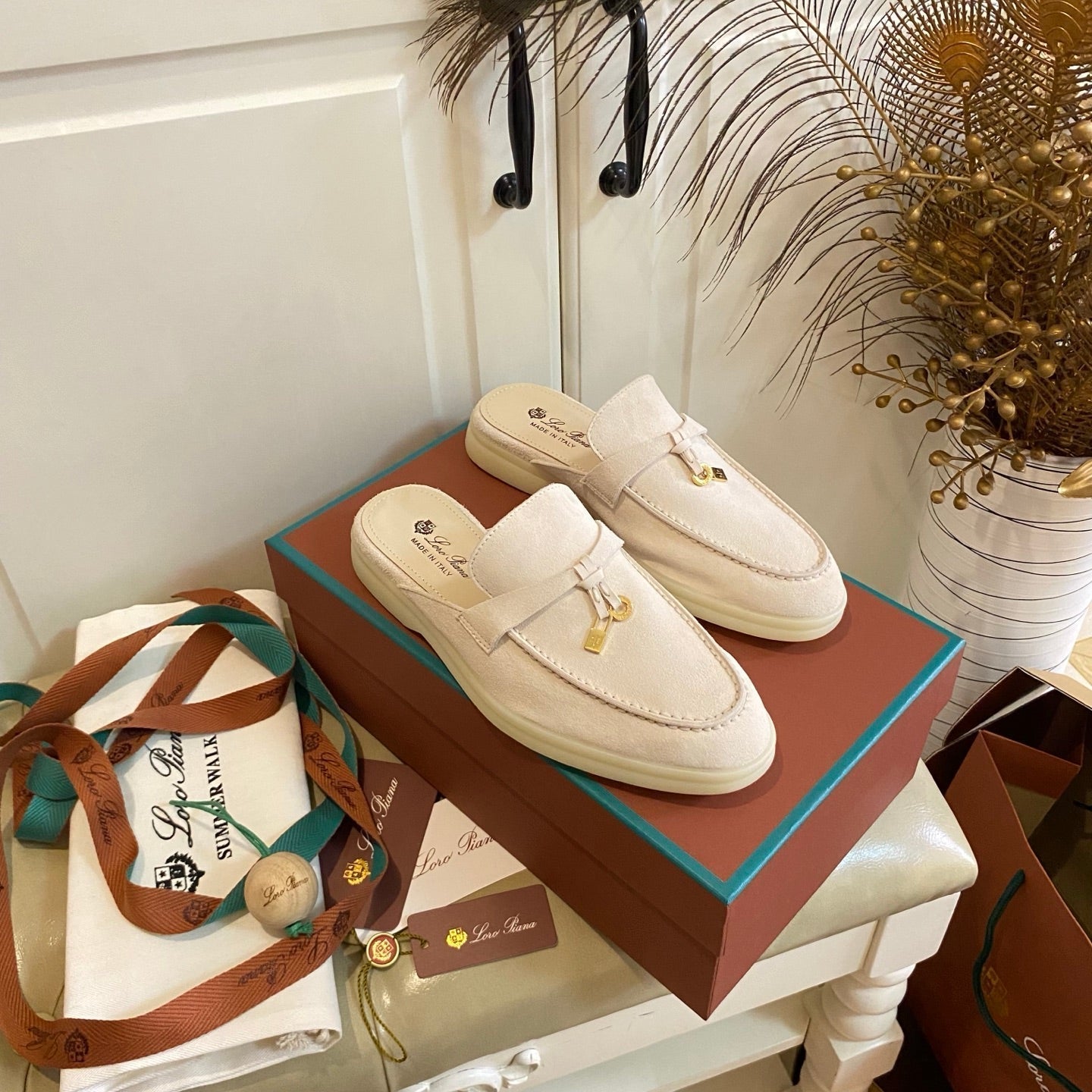 LP 26s Lock Charm Mules In Beige Suede Gold Hardware
