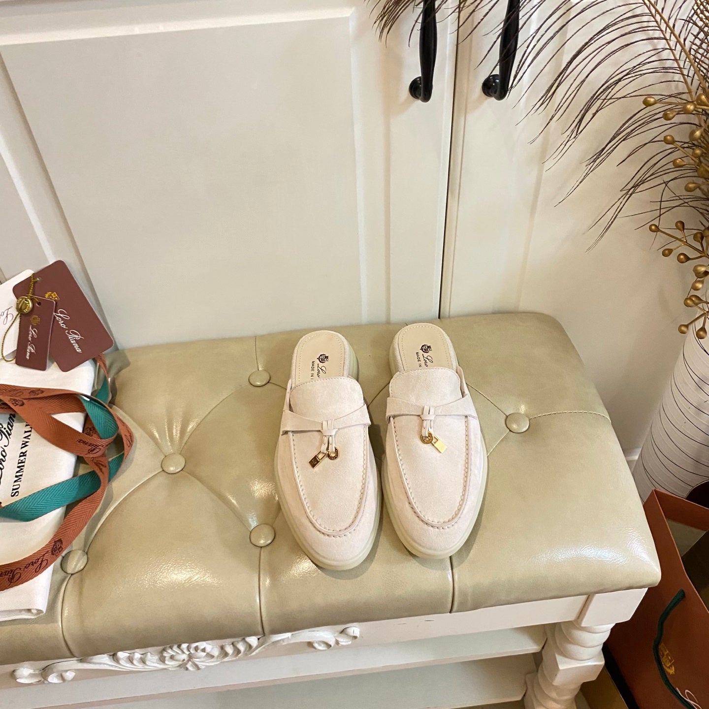 LP 26s Lock Charm Mules In Beige Suede Gold Hardware
