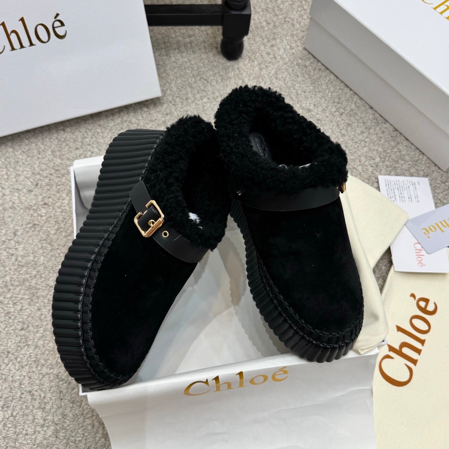 Chloe Nama Shearling-Lined Mule Black Suede 523135