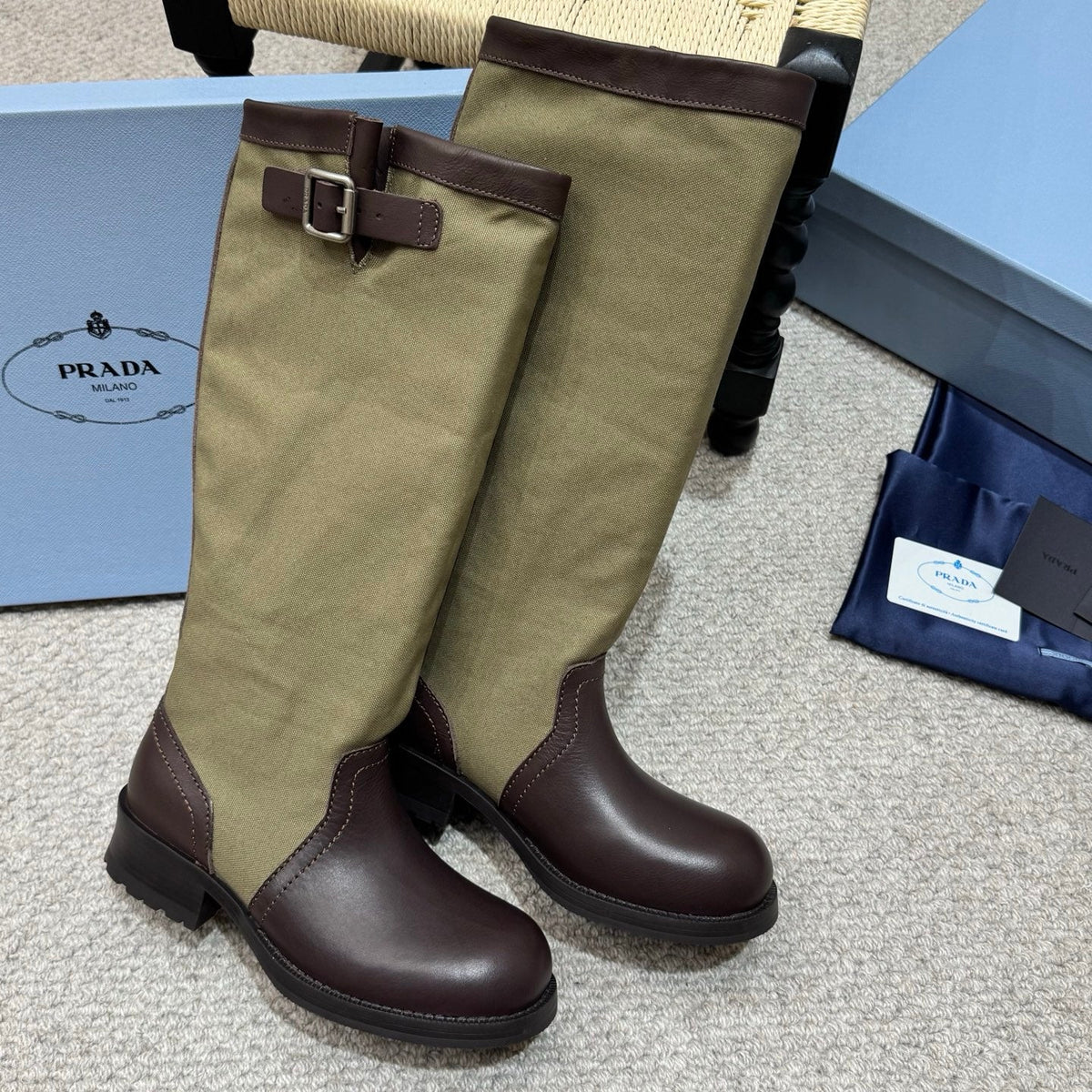 PR 26s Buckle Knee High Boots Green Brown Canvas Leather 144757