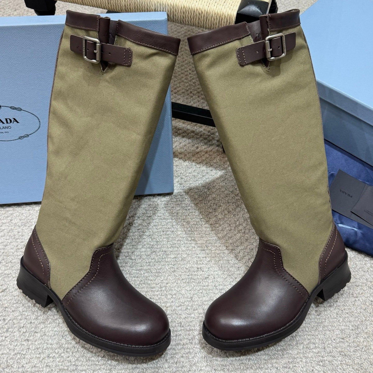 PR 26s Buckle Knee High Boots Green Brown Canvas Leather 144757