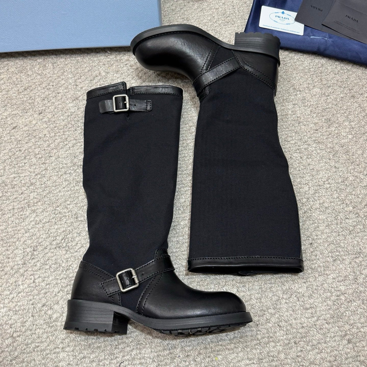PR 26s Buckle Knee High Boots Black Black Canvas Leather 144756