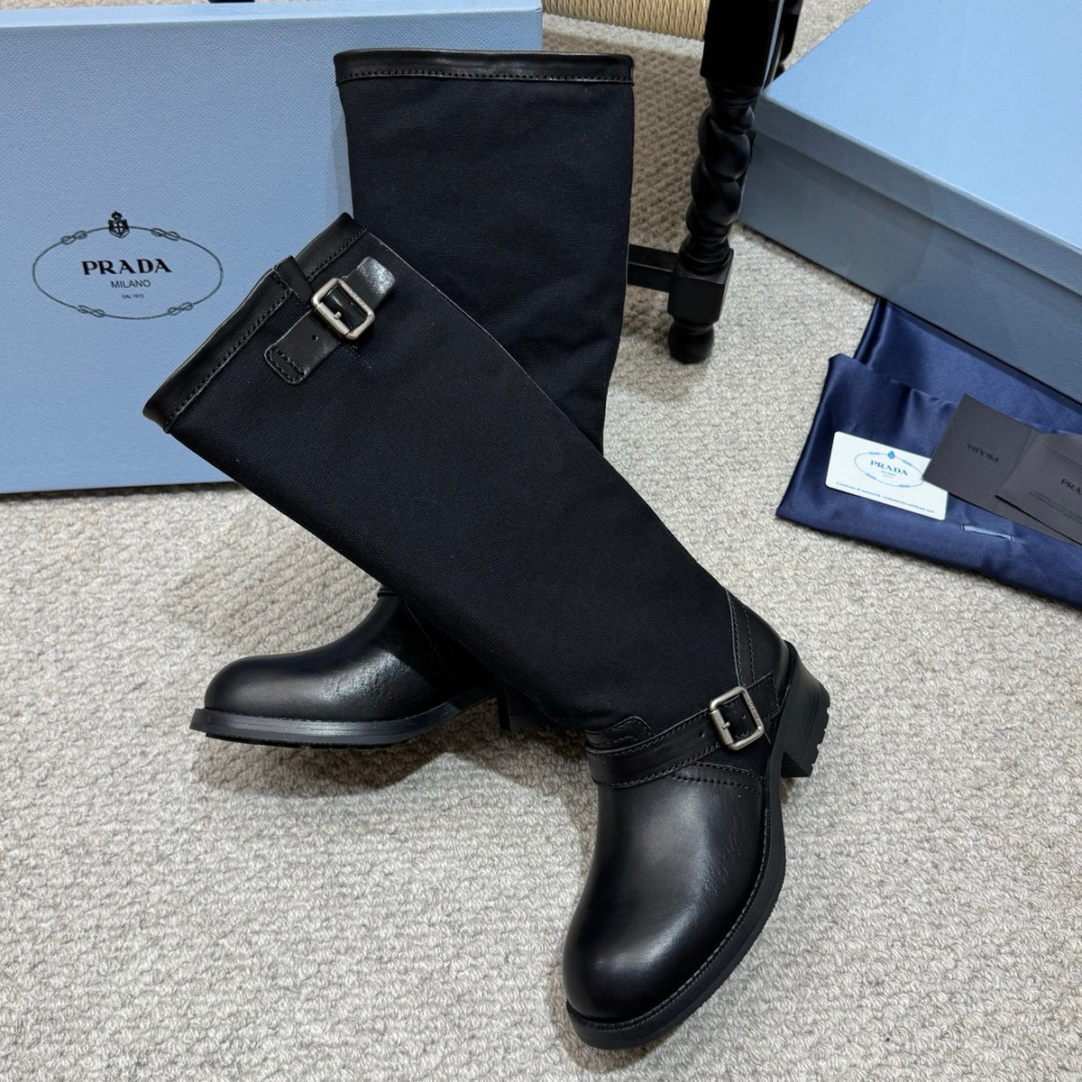 PR 26s Buckle Knee High Boots Black Black Canvas Leather 144756