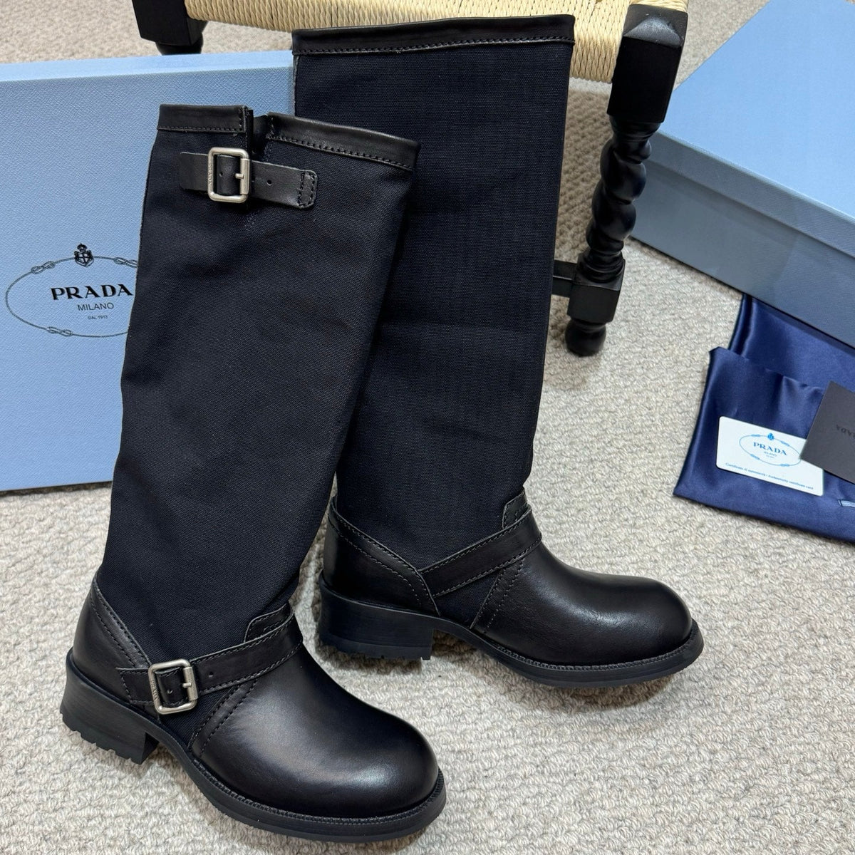PR 26s Buckle Knee High Boots Black Black Canvas Leather 144756