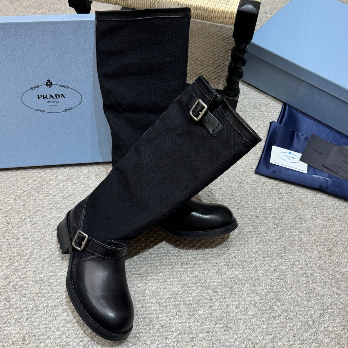 PR 26s Buckle Knee High Boots Black Black Canvas Leather 144756