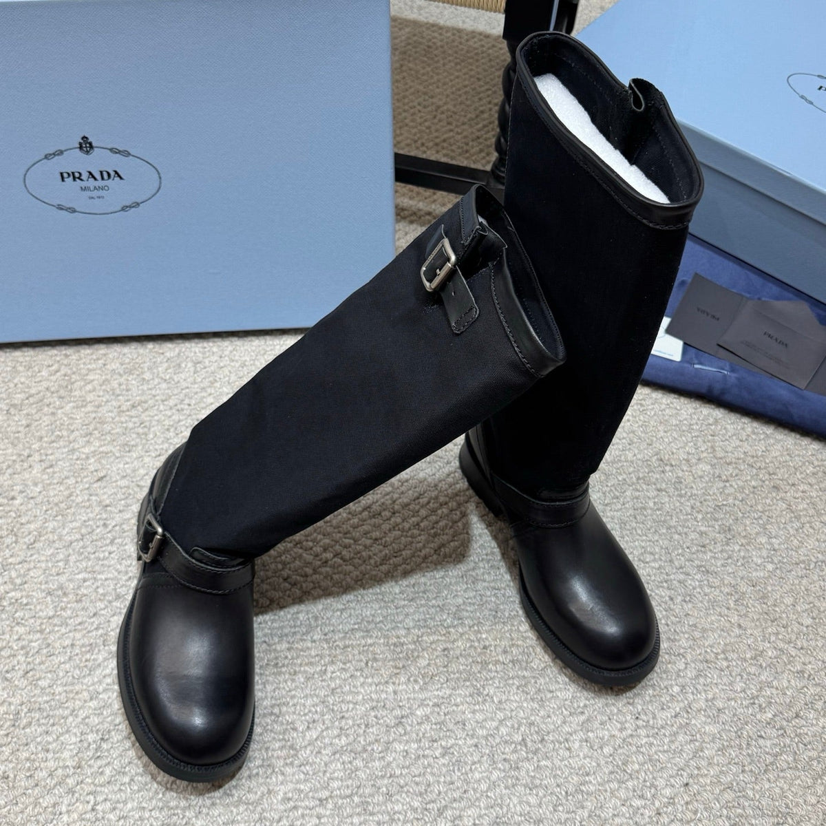 PR 26s Buckle Knee High Boots Black Black Canvas Leather 144756