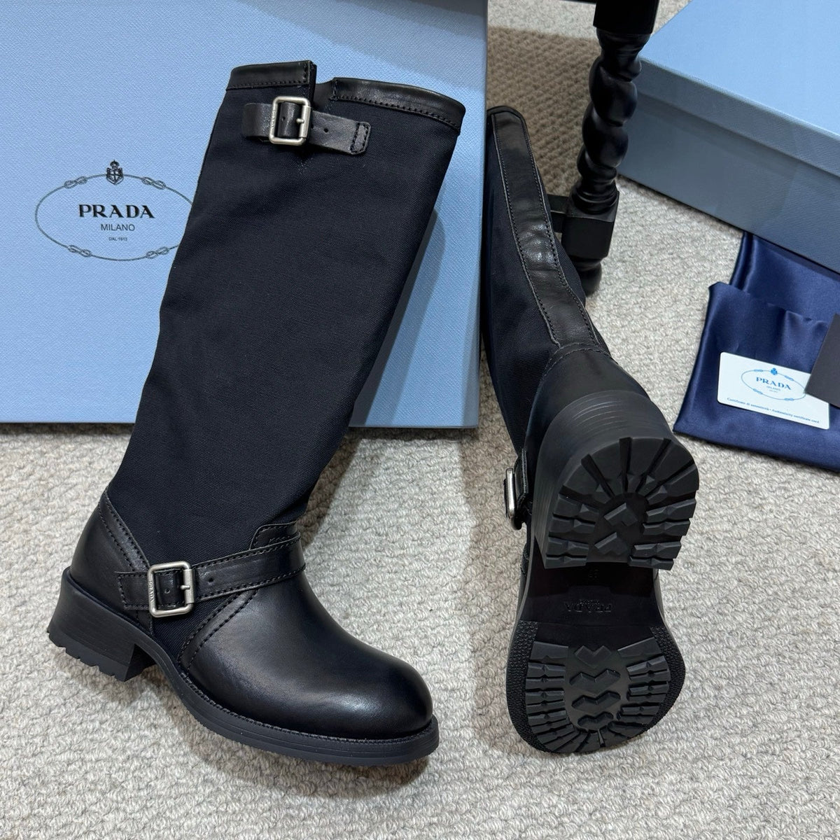 PR 26s Buckle Knee High Boots Black Black Canvas Leather 144756
