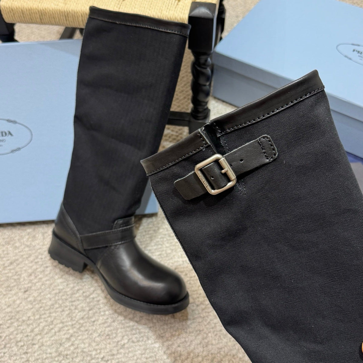 PR 26s Buckle Knee High Boots Black Black Canvas Leather 144756