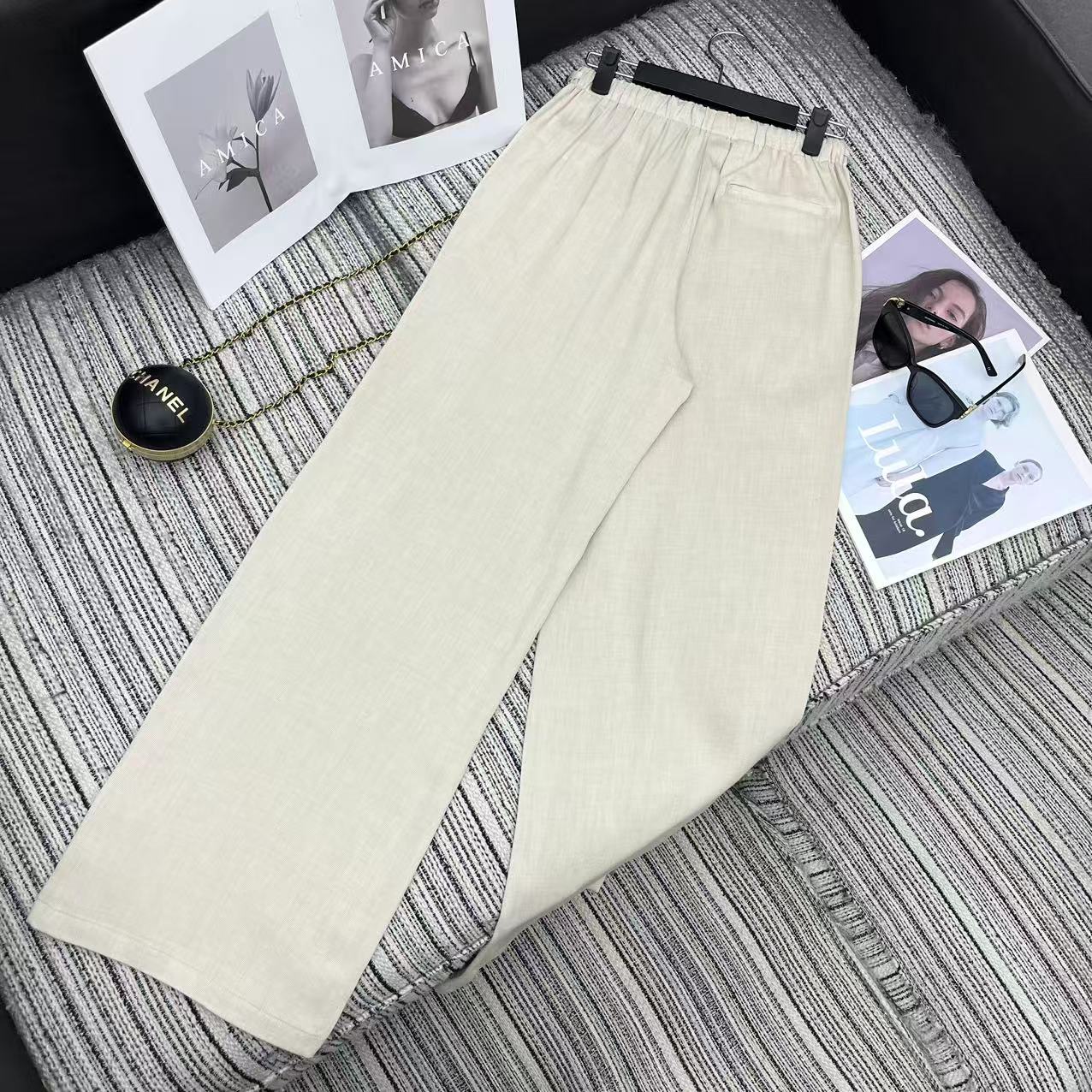 MM6 Waist Wide-Leg Suit Trousers Beige Linen 387969