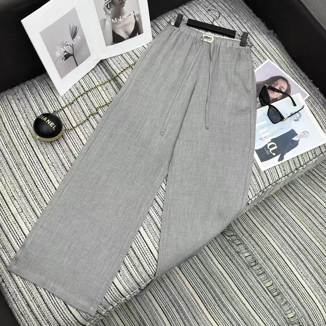 MM6 Waist Wide-Leg Suit Trousers Grey Linen 387968