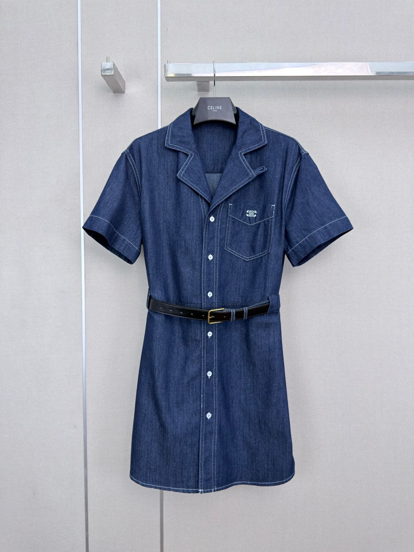 Celine Short-Sleeved Denim Shirt Dress 394267