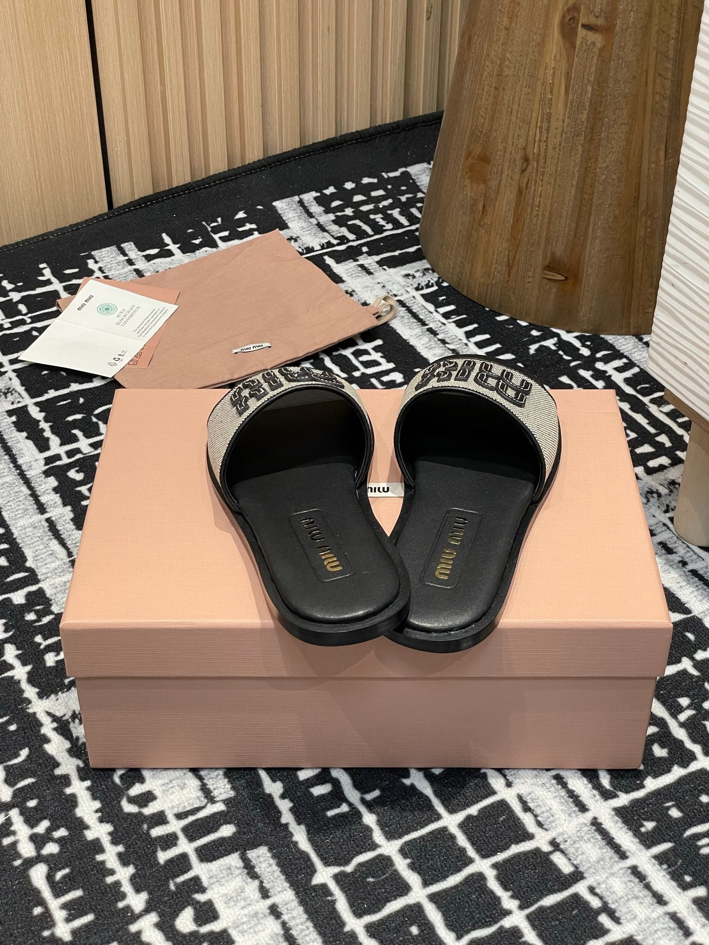 Miu 25S Beige and Black Canvas and leather slides 227133