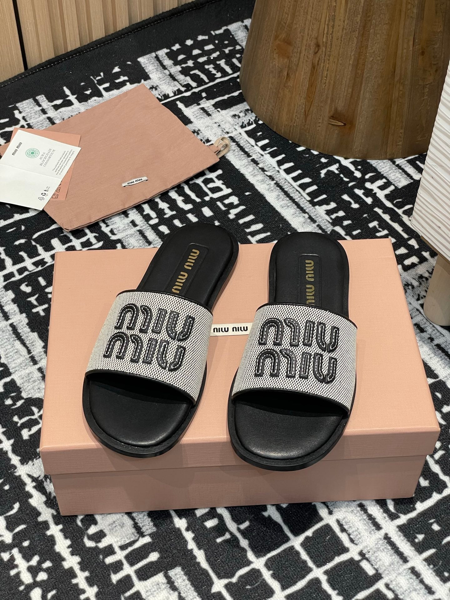 Miu 25S Beige and Black Canvas and leather slides 227133