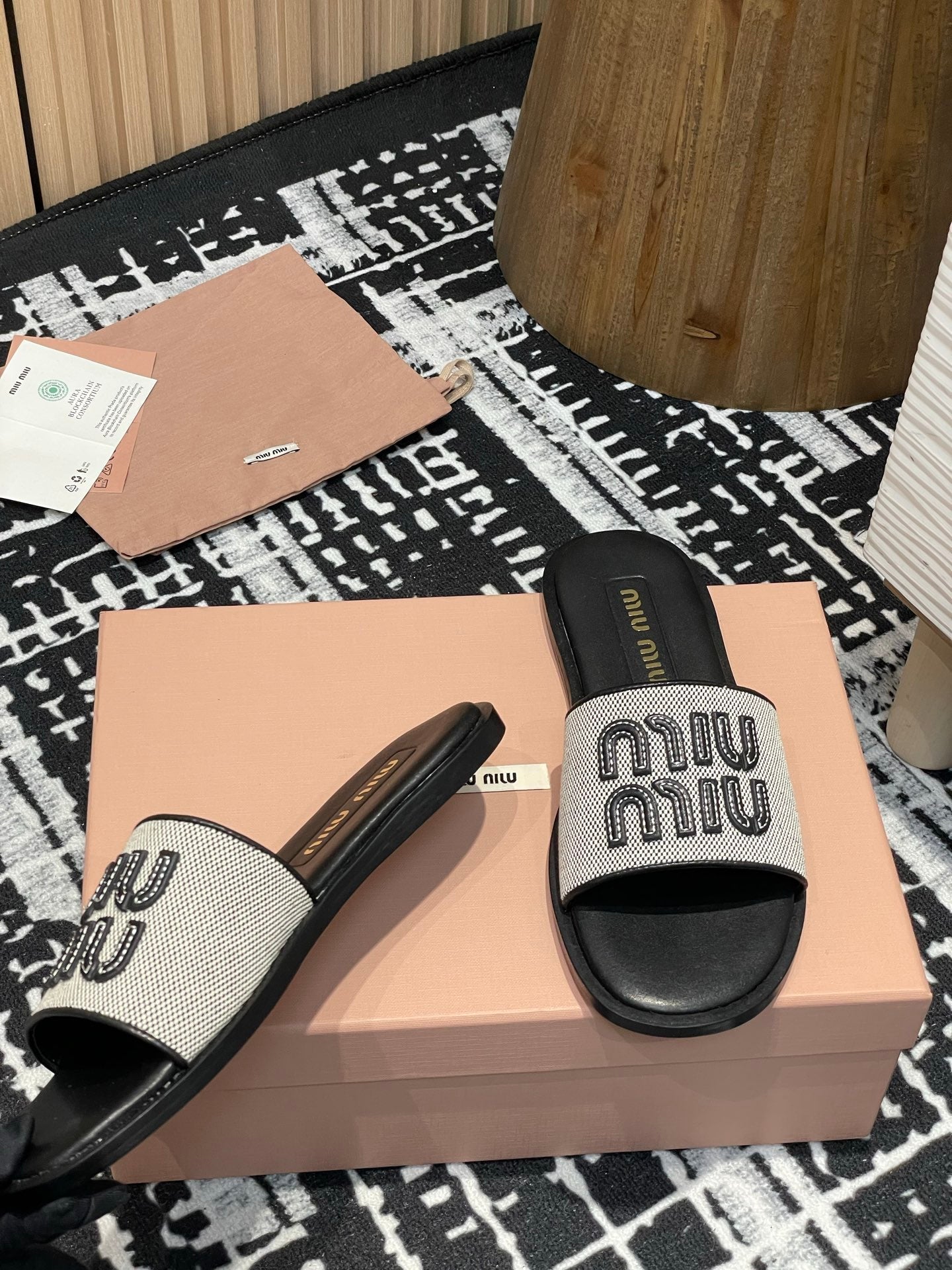 Miu 25S Beige and Black Canvas and leather slides 227133