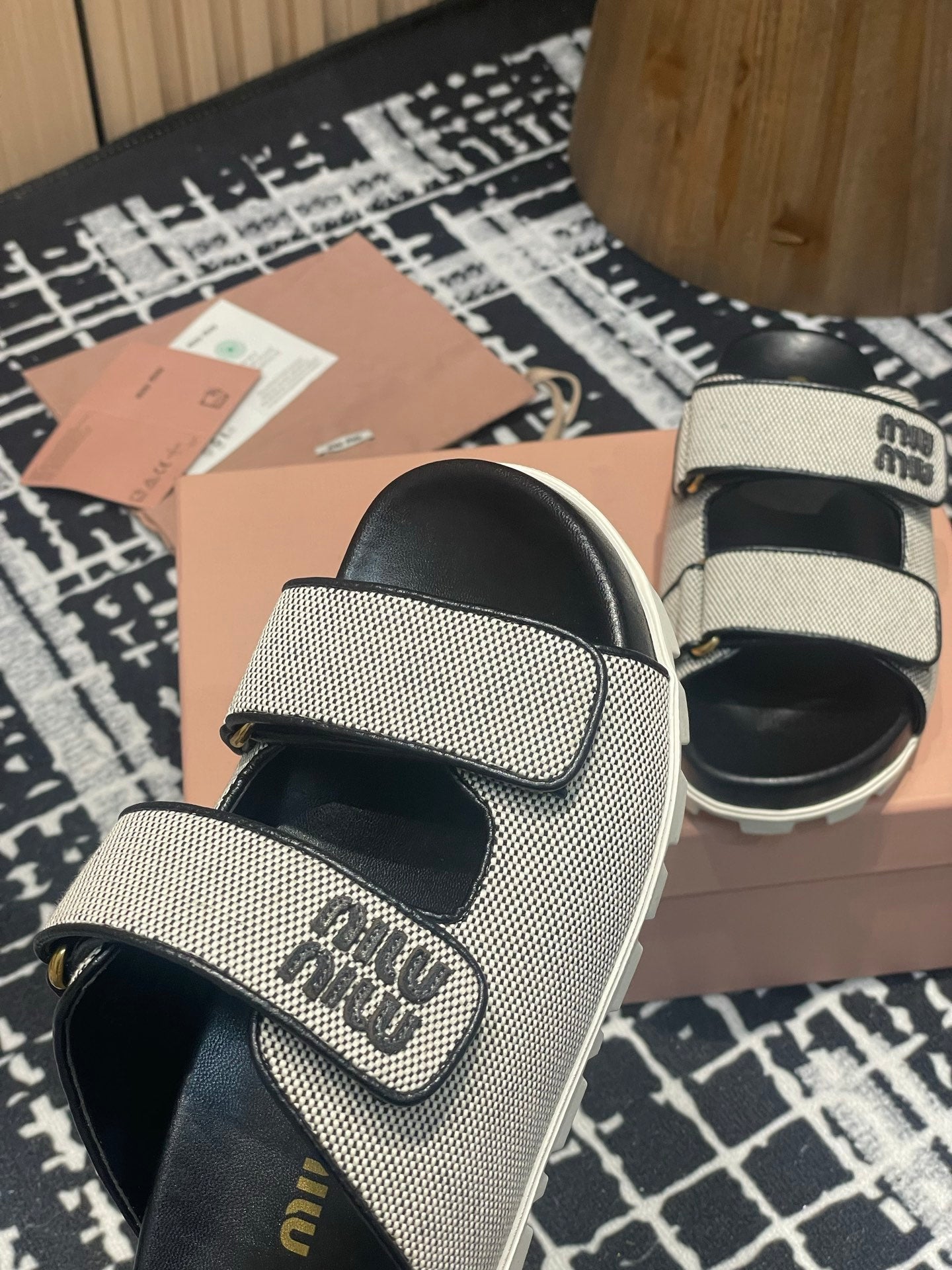 Miu 25S Beige and Black Canvas slides 227135