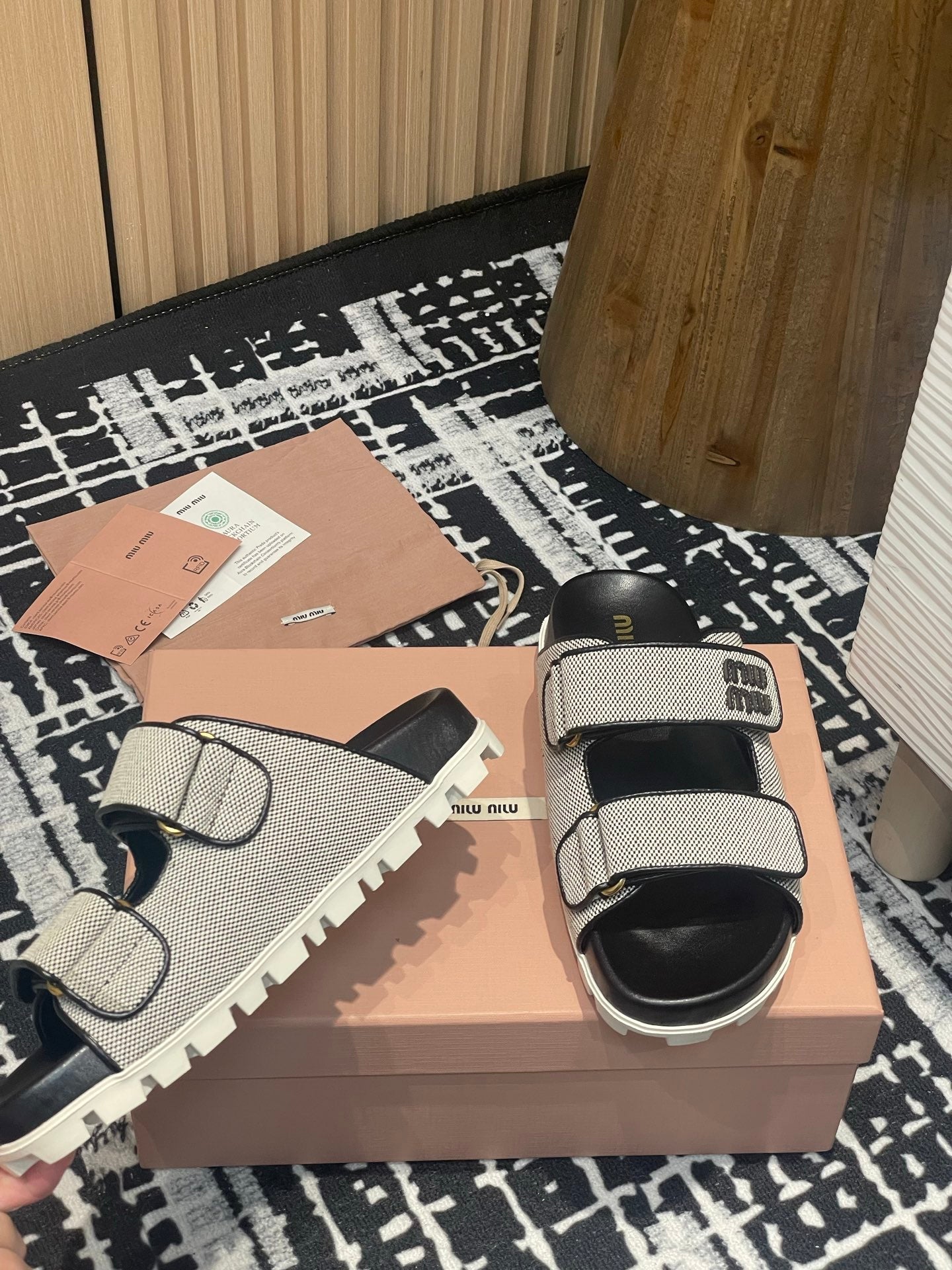 Miu 25S Beige and Black Canvas slides 227135