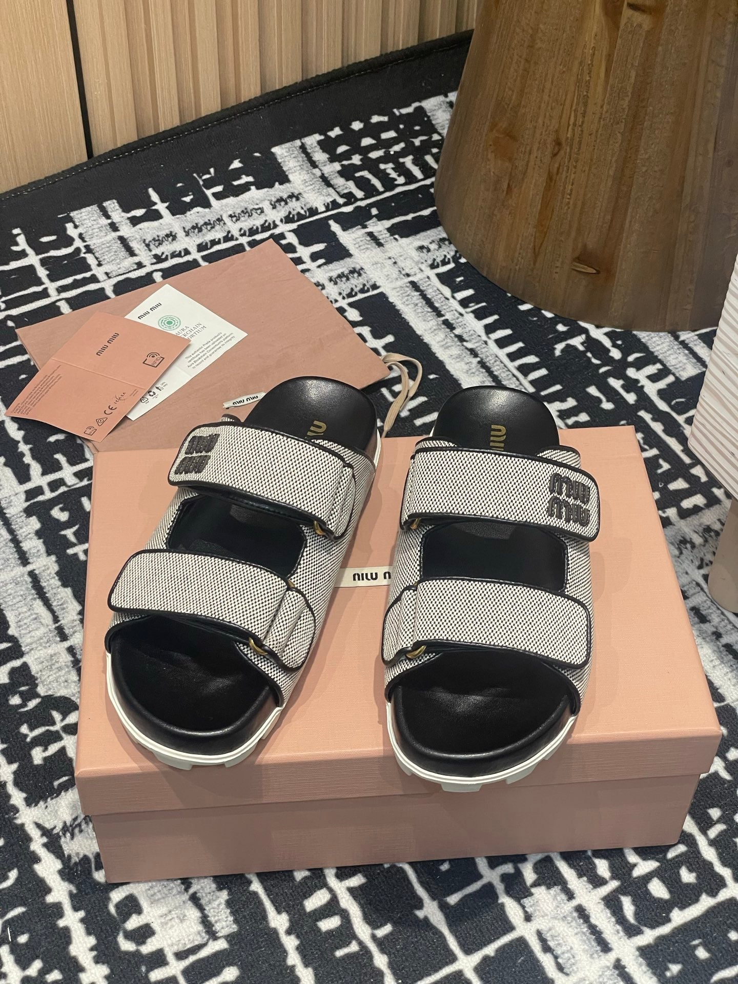 Miu 25S Beige and Black Canvas slides 227135