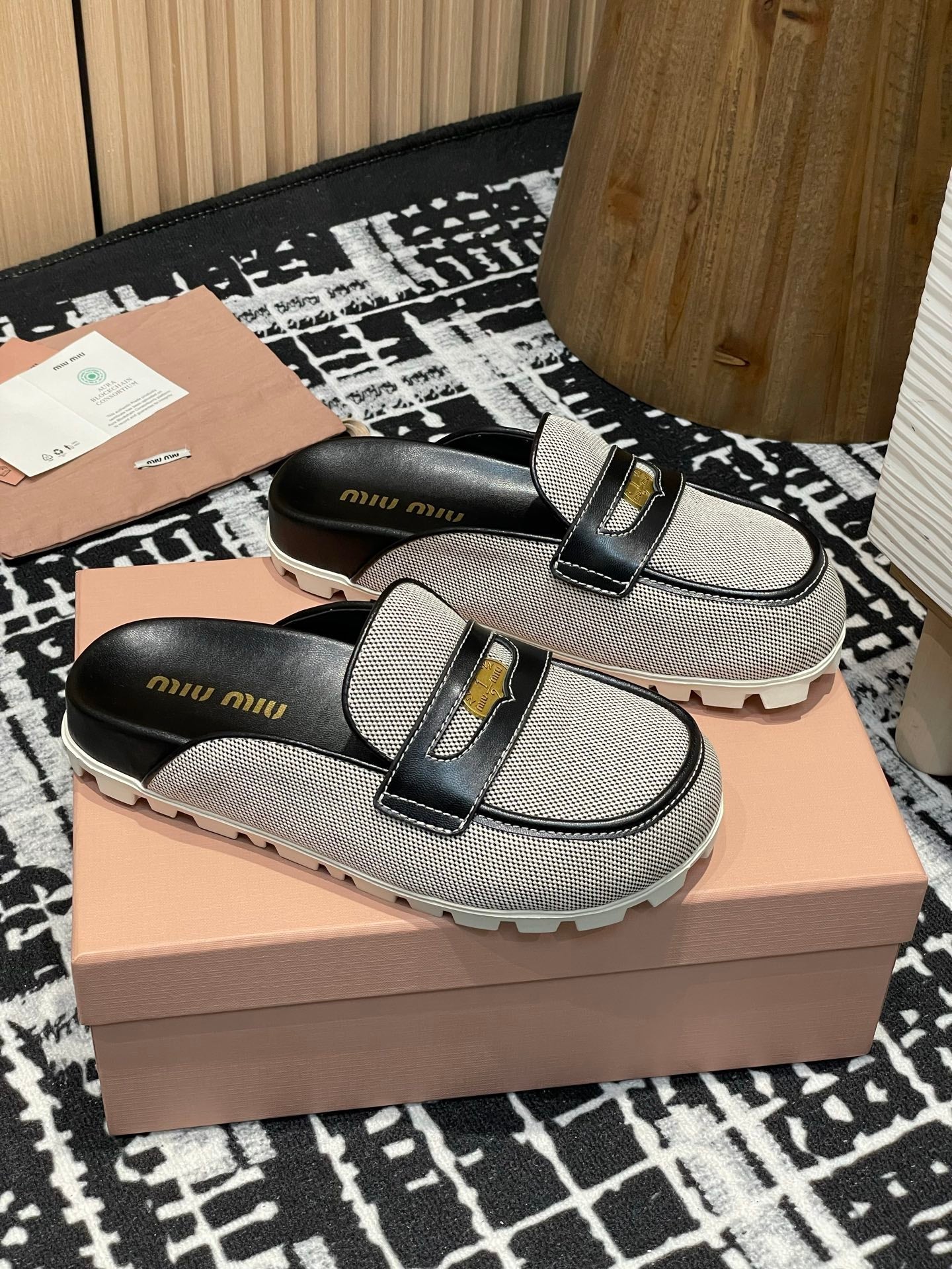 Miu 25S Beige and Black Canvas and leather Mules 227137