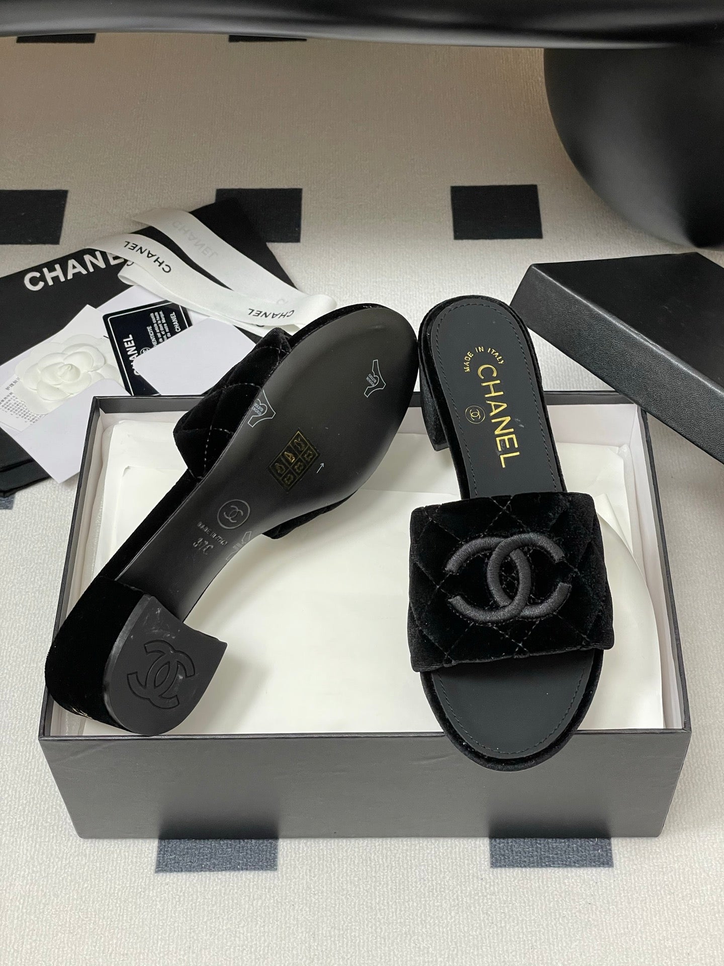 25S Embroidery Double C Mule 50mm Black Velvet 247575