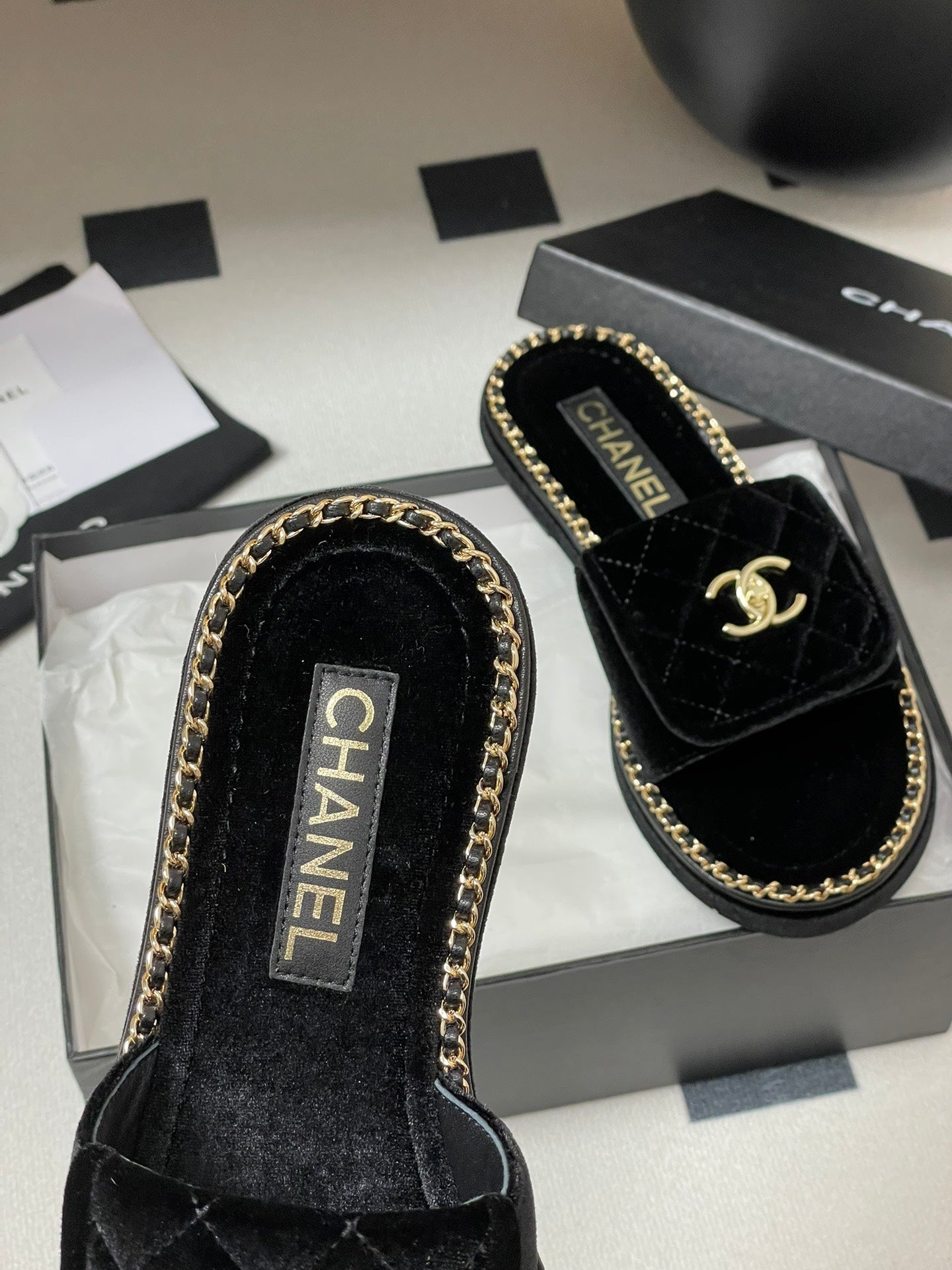 CC 25S Chain Ring Edge Buckle Bag Mule Sandal Black Velvet 247585