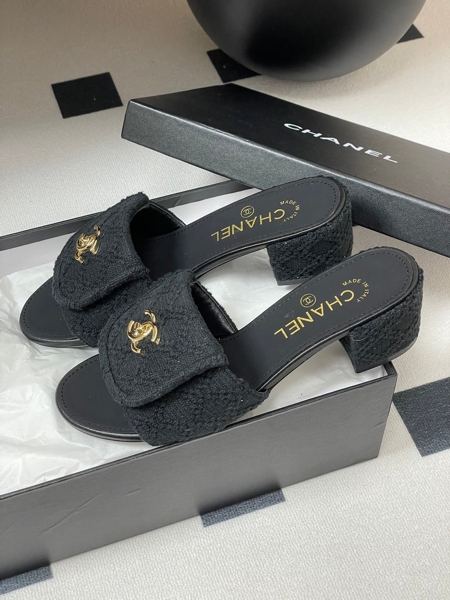 CC 25S Buckle Bag Mule Sandal 50mm Black Fabric and Sheepskin 247600