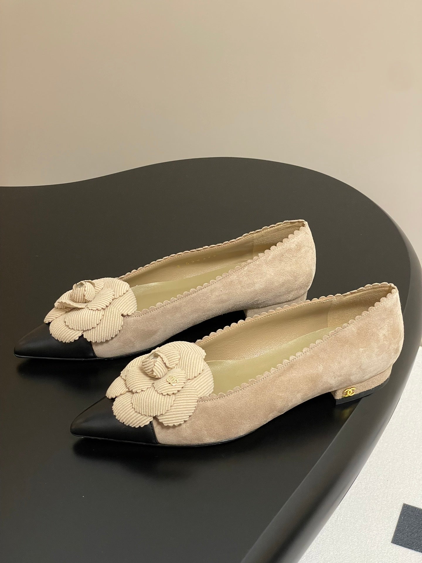 CC 25C Classic Camellia Pointed High Heels Flat 15mm Beige Suede 247608