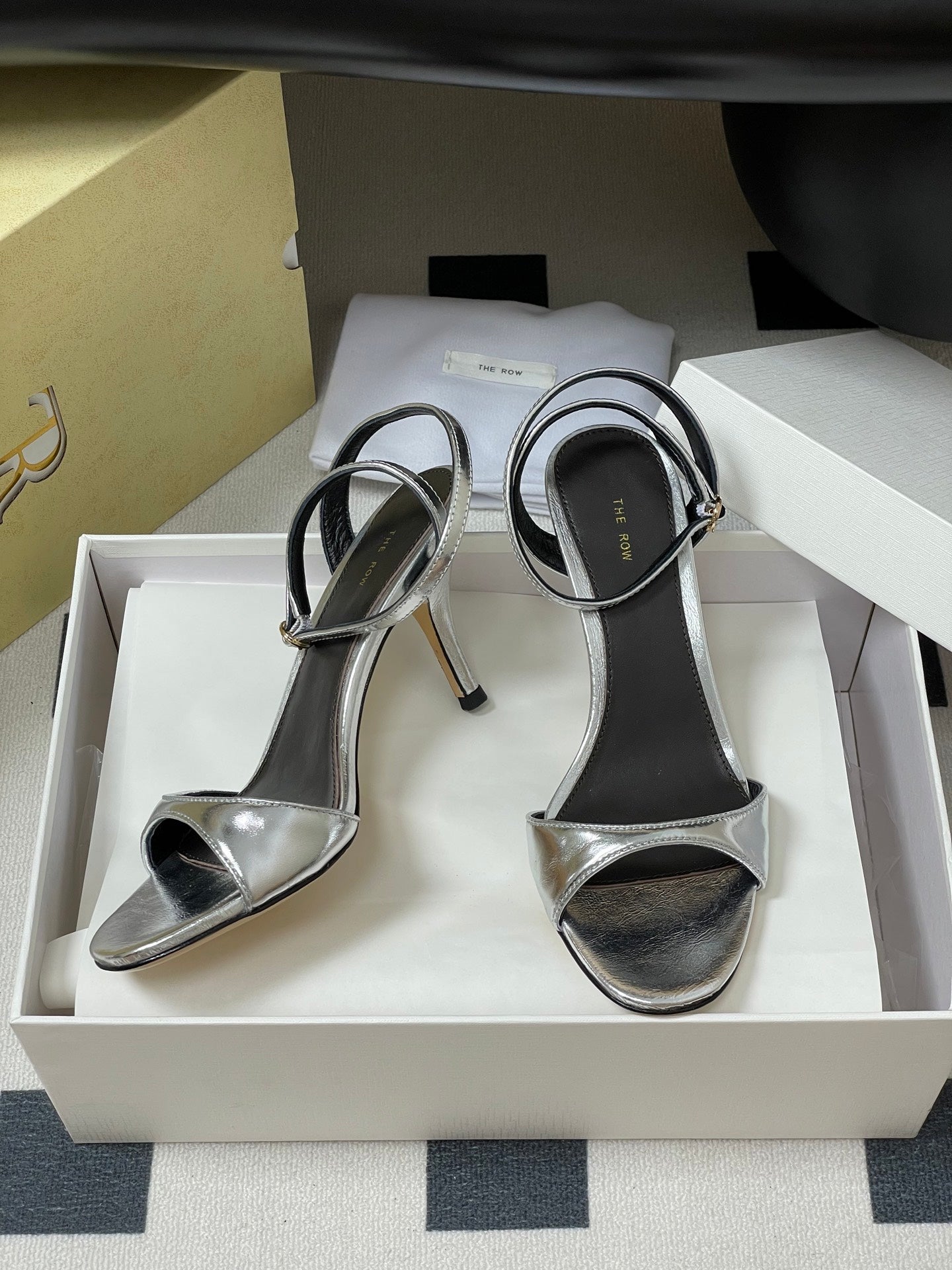 The Row 25S Strap High Heel Sandals 85mm Black Mix Sliver Metallic Cowhide
