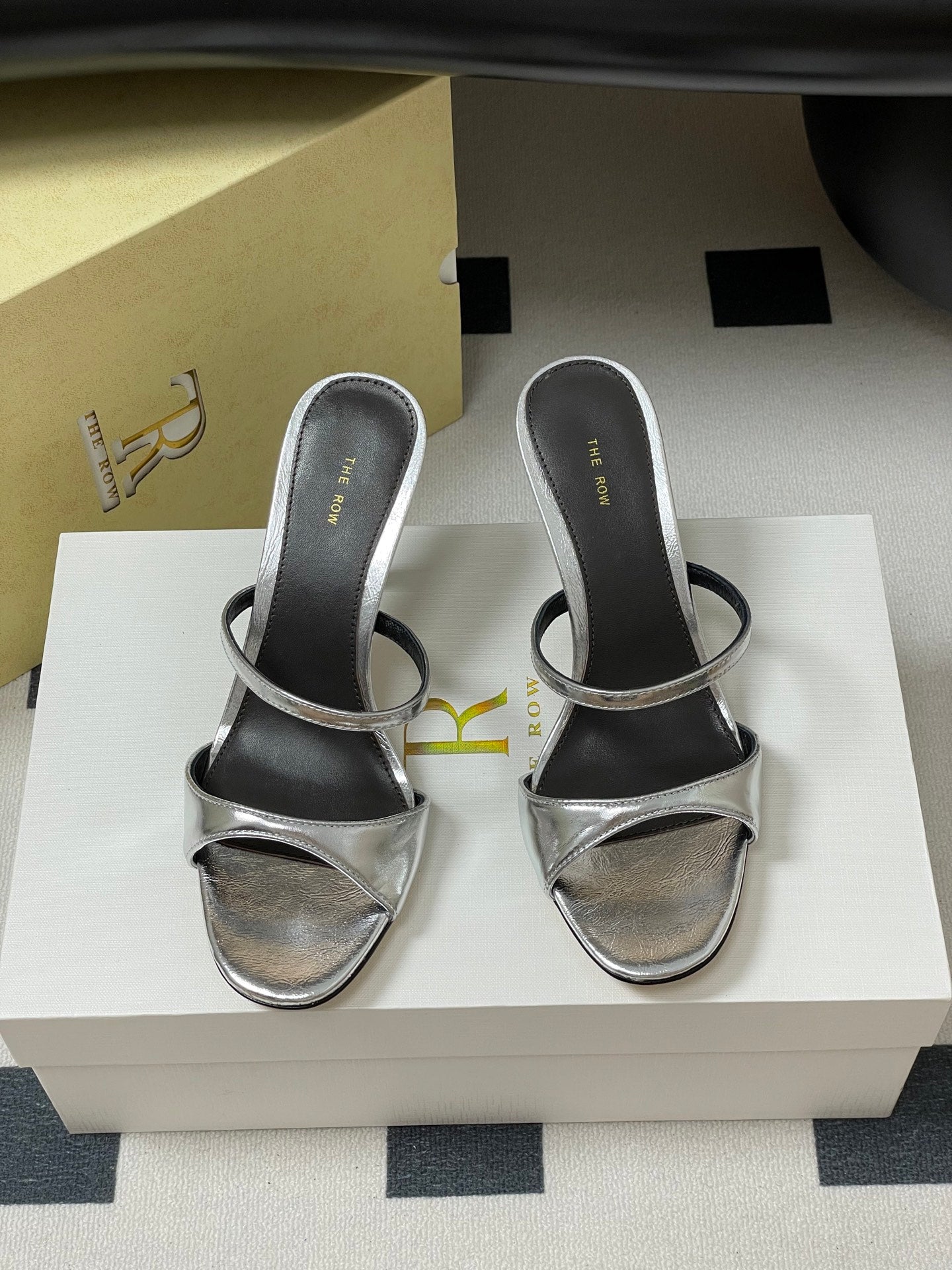 The Row 25S Strap High Heel Mule Sandals 85mm Black Mix Silver Metallic Cowhide 286209