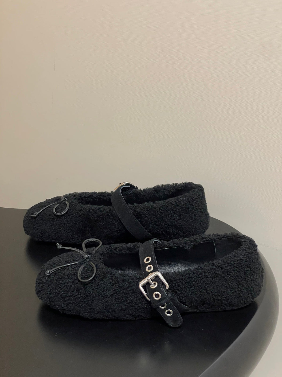 MM 26s Mary Jane Flats 1cm Black Shearling 151128