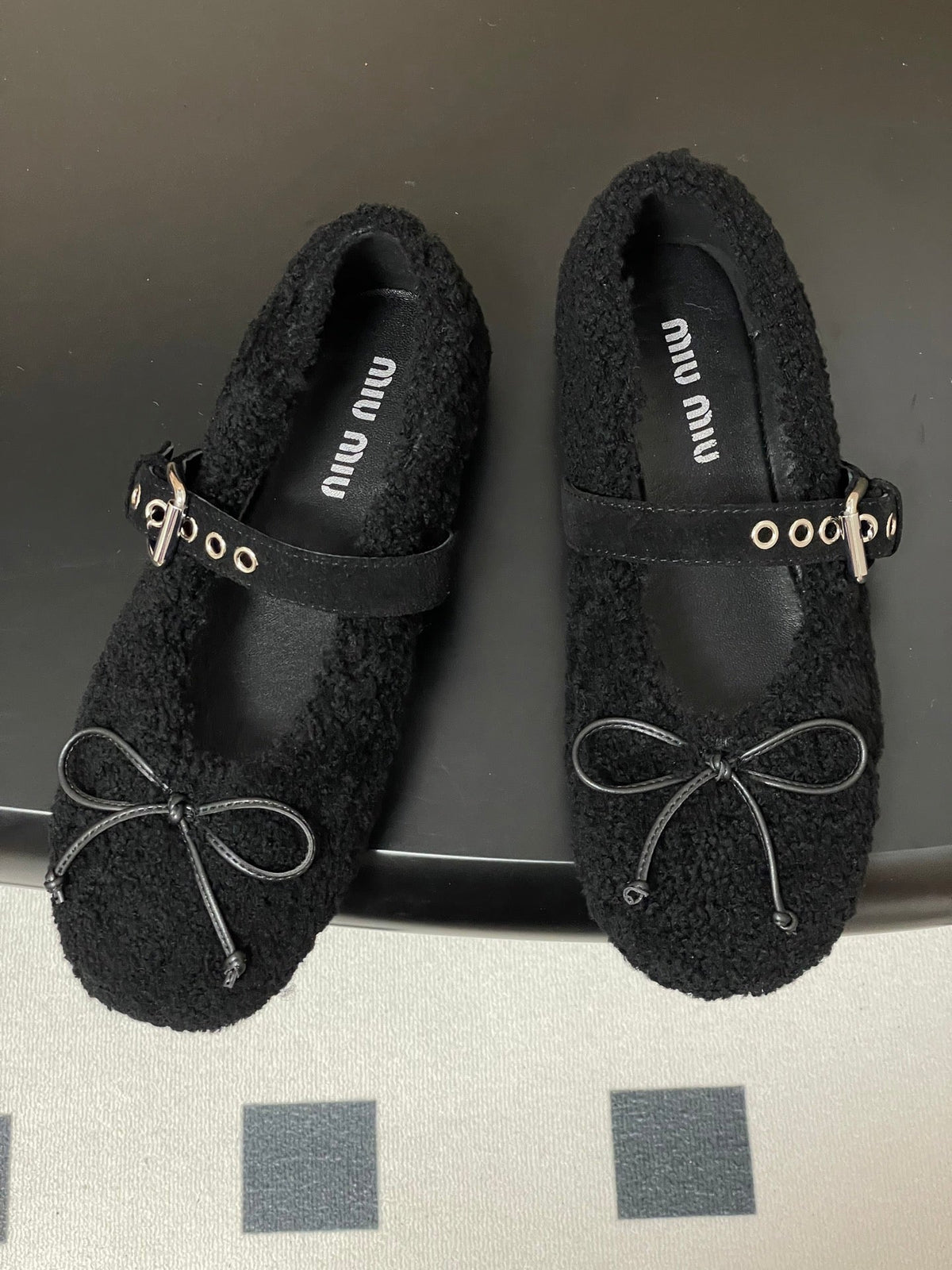 MM 26s Mary Jane Flats 1cm Black Shearling 151128