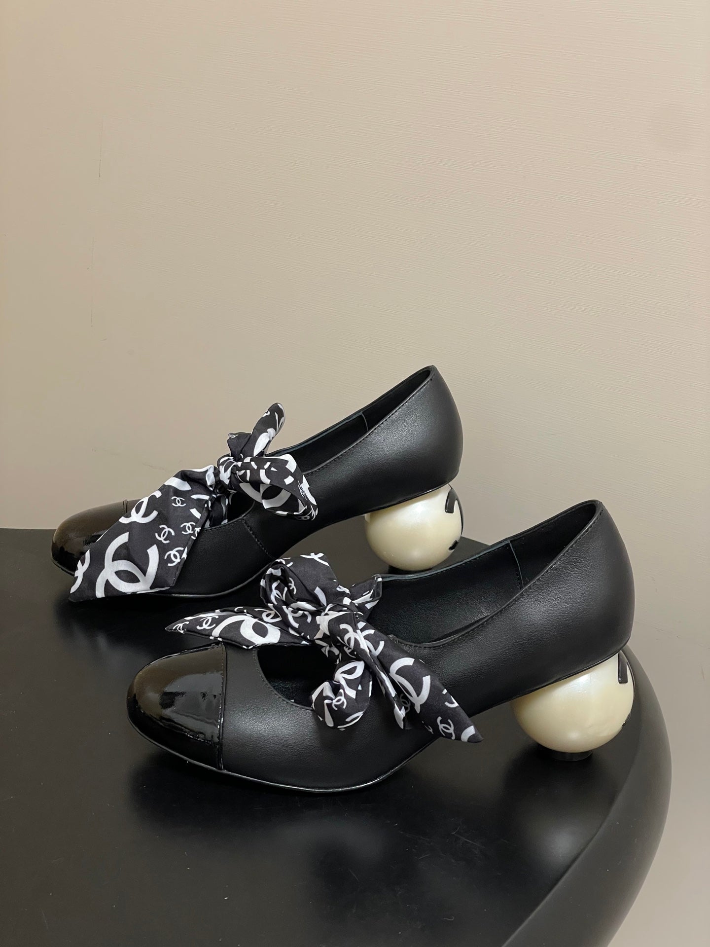 CC 26 Double C Pearl Heel Pump With Silk Ribbon Black Sheepskin 593158