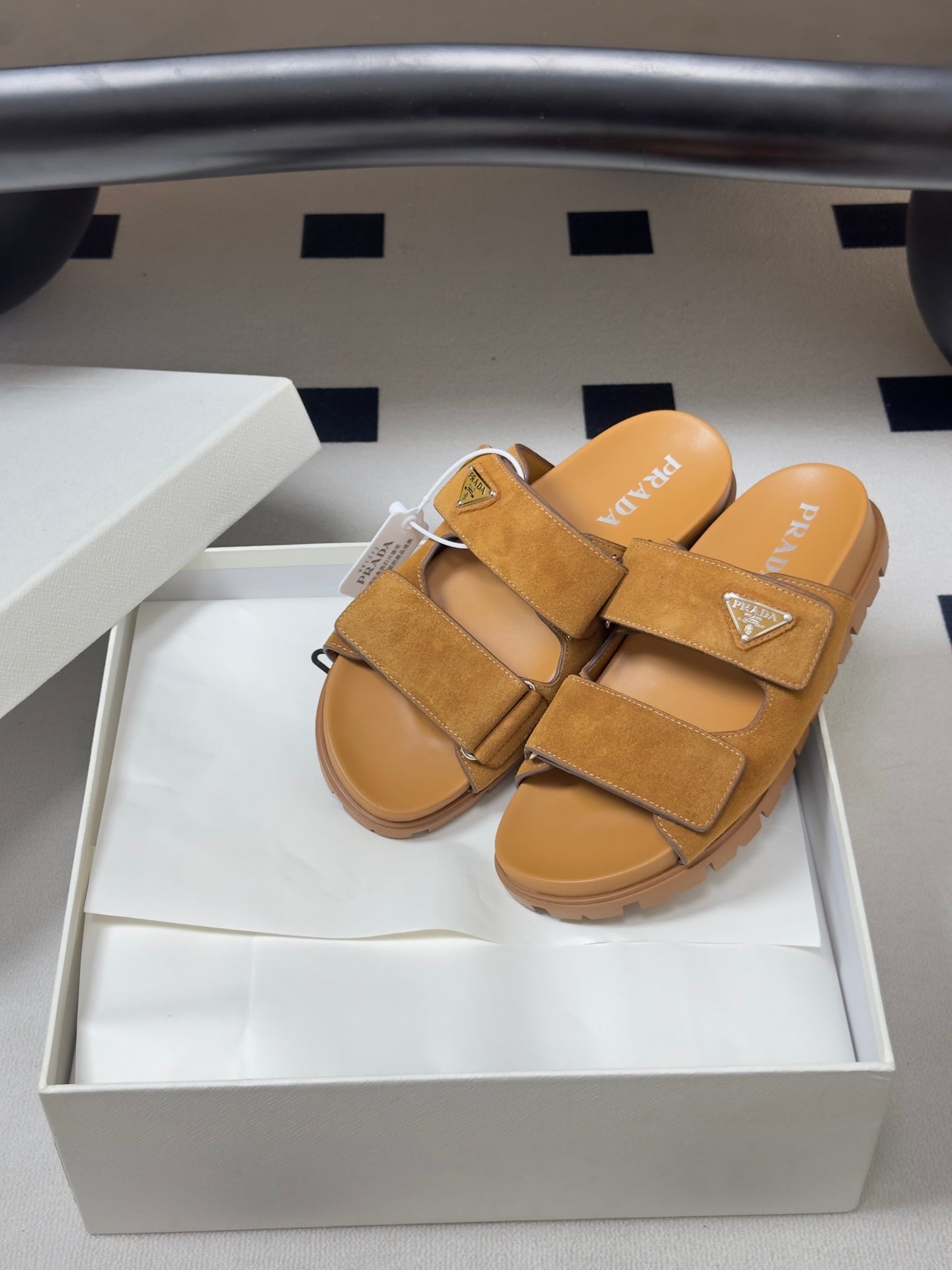 Prada 26s Band Sandals Tan Brown Suede 834766