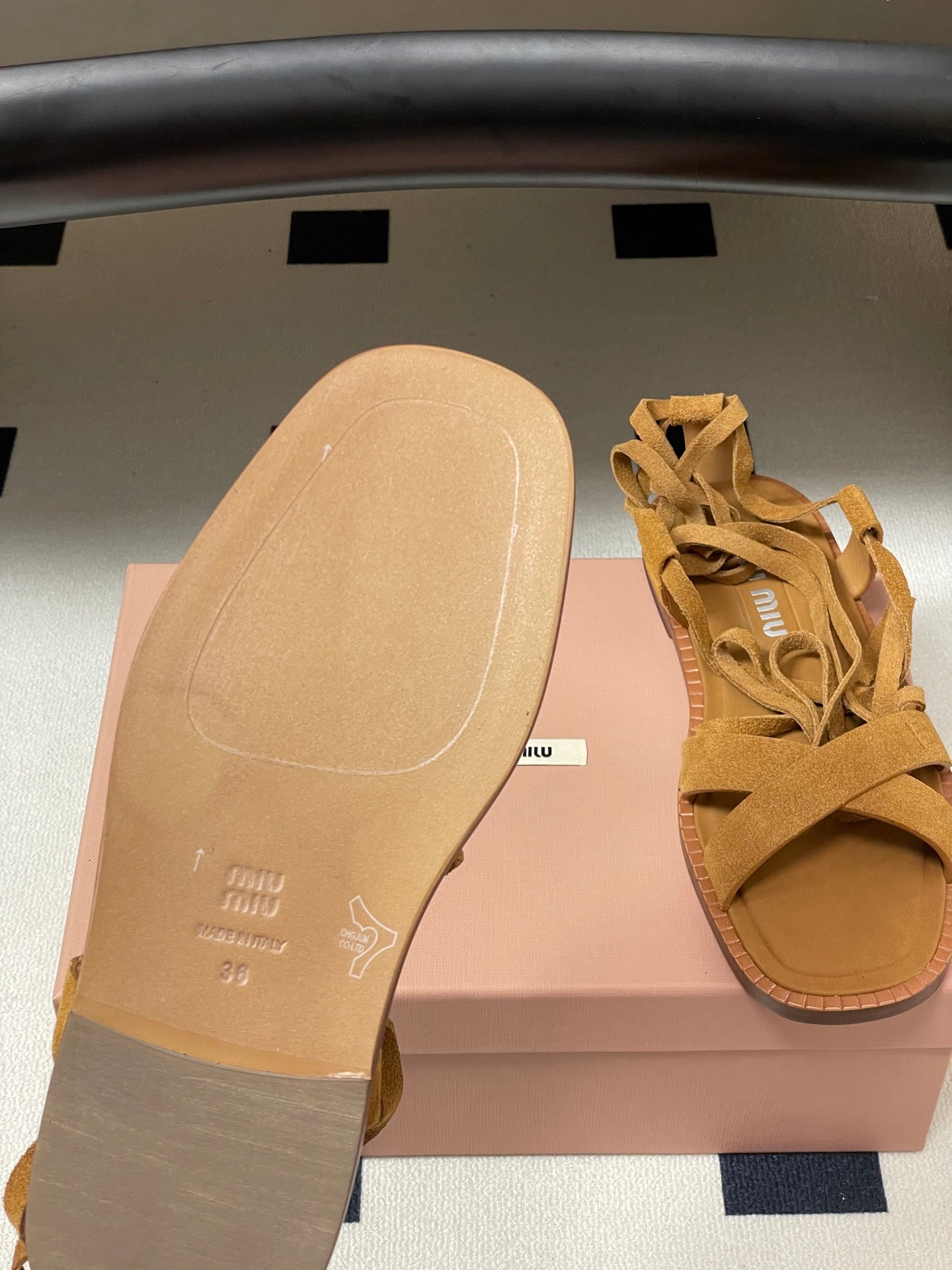 Miu Strappy Sandals Tan Brown Suede 834948