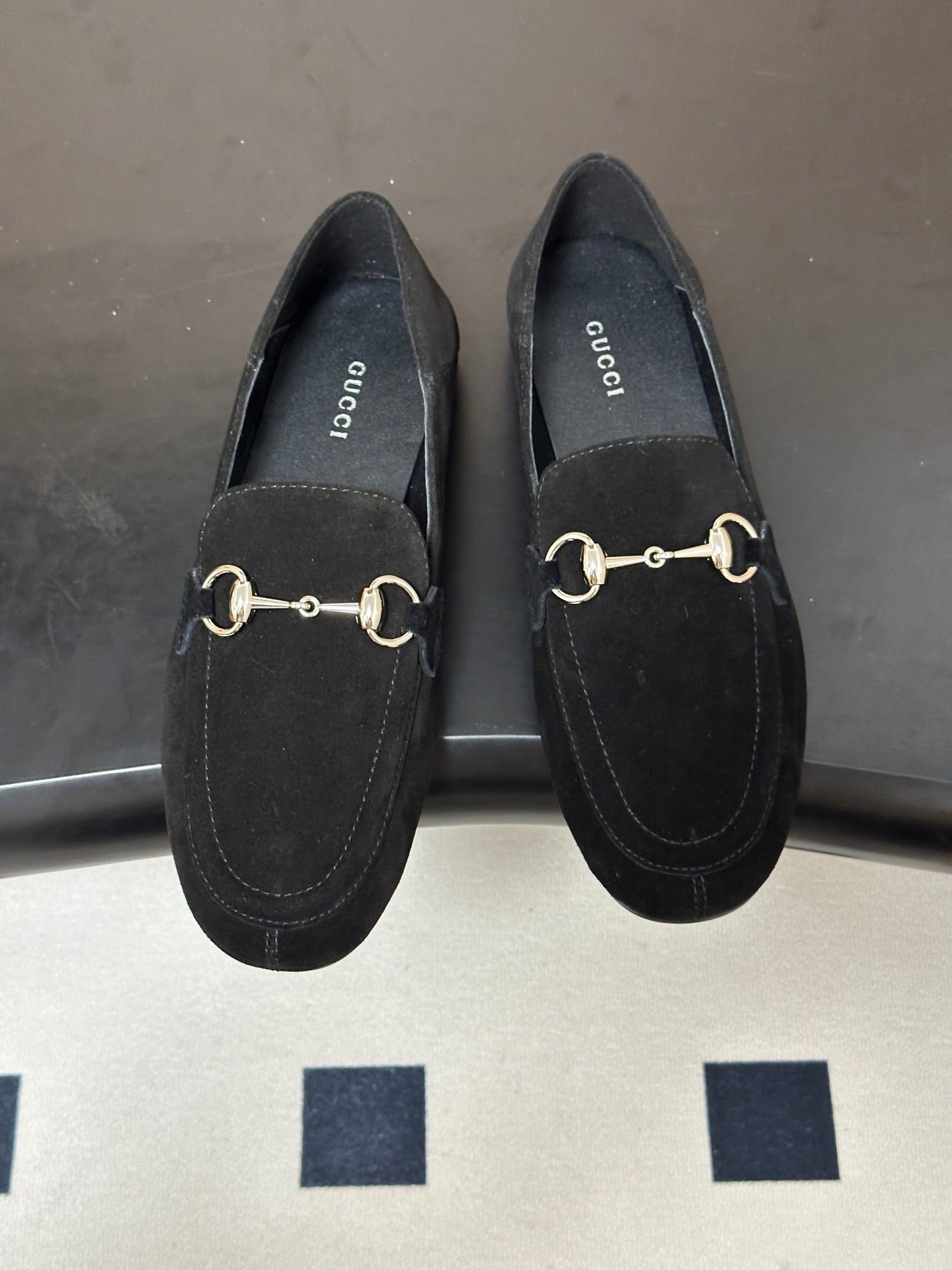 GG 26s Horsebit Loafers Flat Black Suede 952564