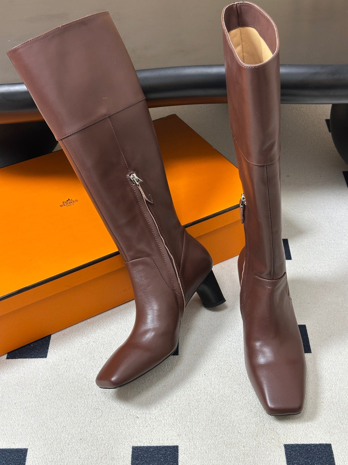 HM 26s Square-Toe Knee-High Boots 5.5cm Brown Leather 150020