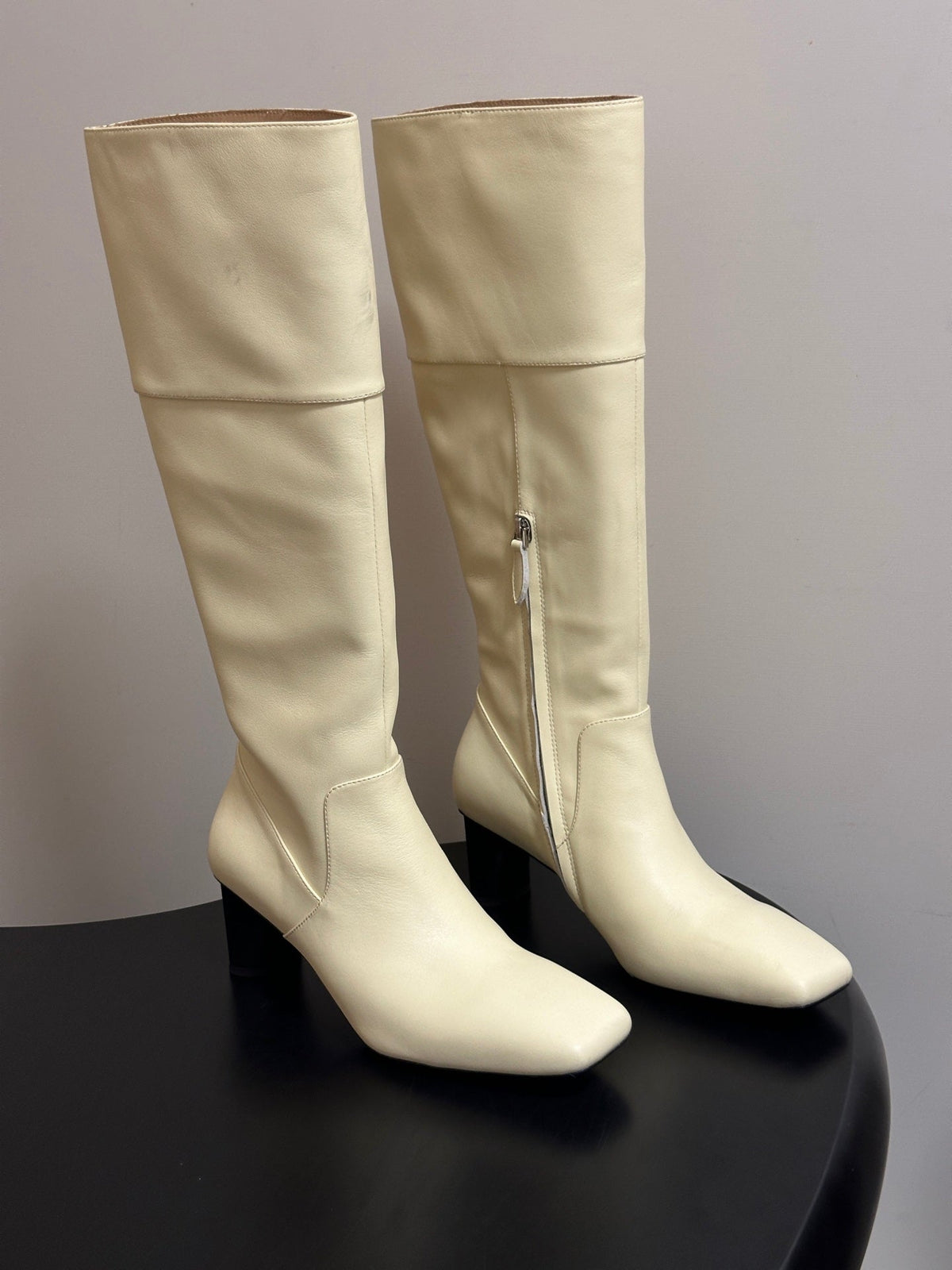 HM 26s Square-Toe Knee-High Boots 5.5cm Cream Leather 150021