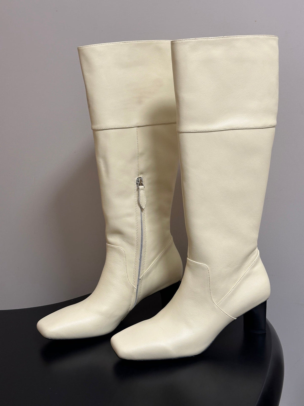 HM 26s Square-Toe Knee-High Boots 5.5cm Cream Leather 150021