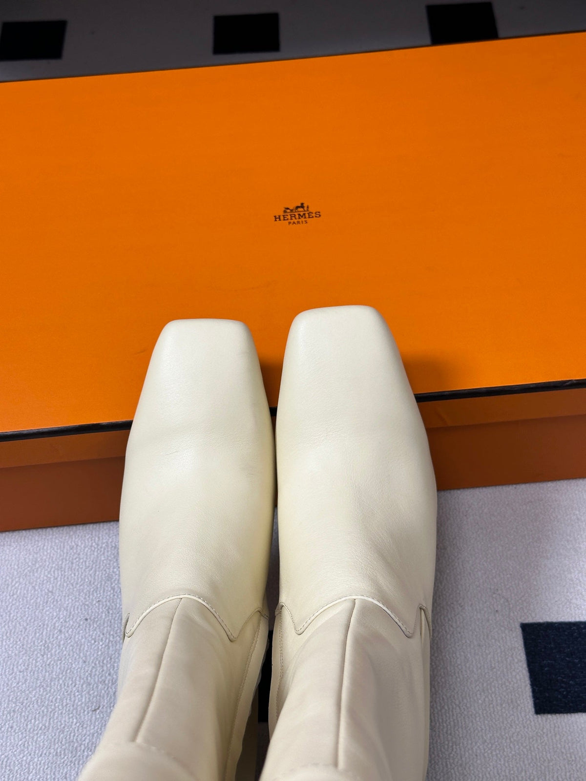 HM 26s Square-Toe Knee-High Boots 5.5cm Cream Leather 150021