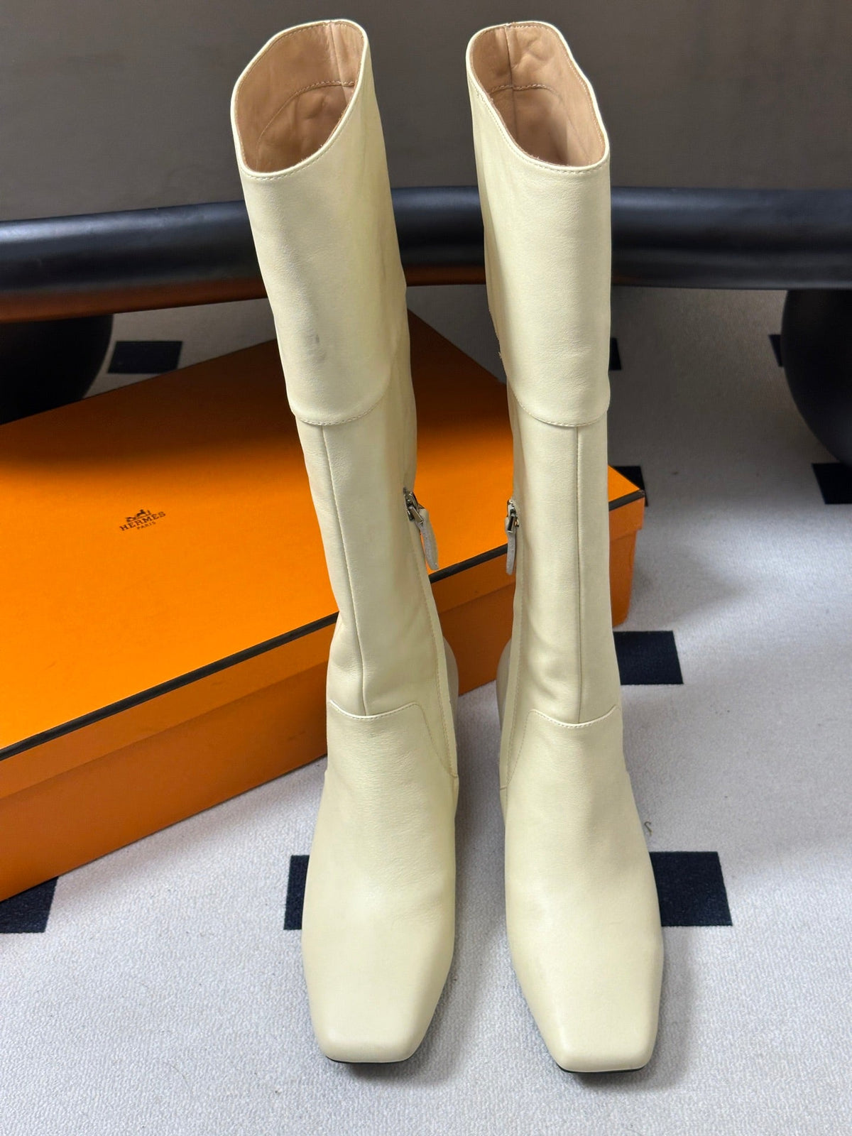 HM 26s Square-Toe Knee-High Boots 5.5cm Cream Leather 150021