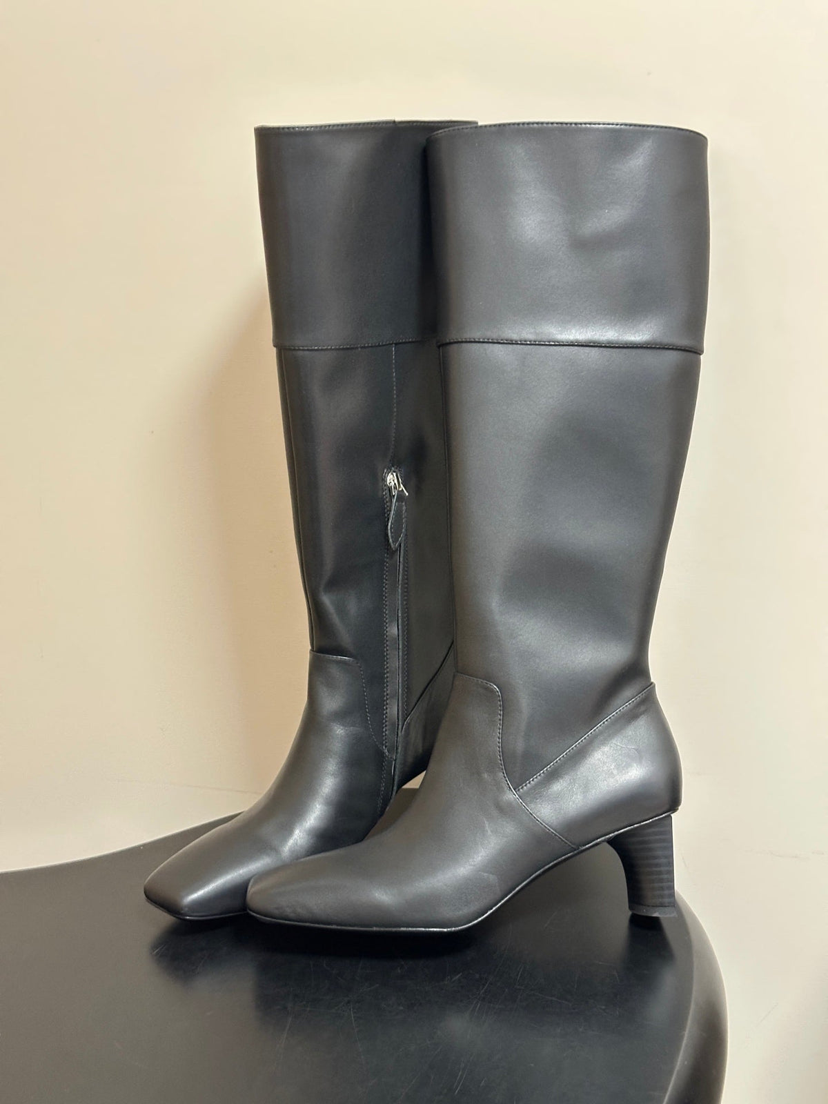 HM 26s Square-Toe Knee-High Boots 5.5cm Black Leather 150022