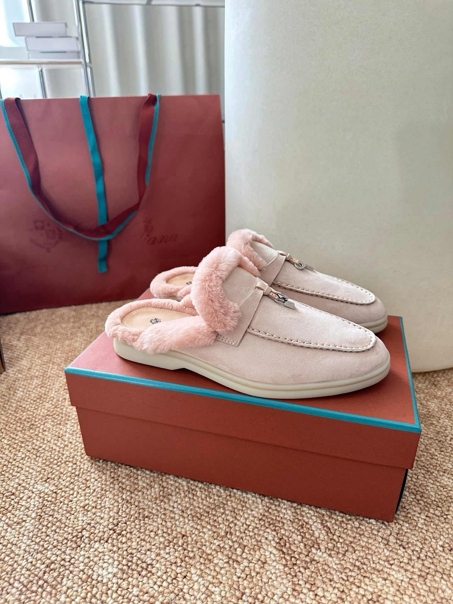 Loro Piana Charms Walk Flat Mules Light Pink Suede Fur 623533