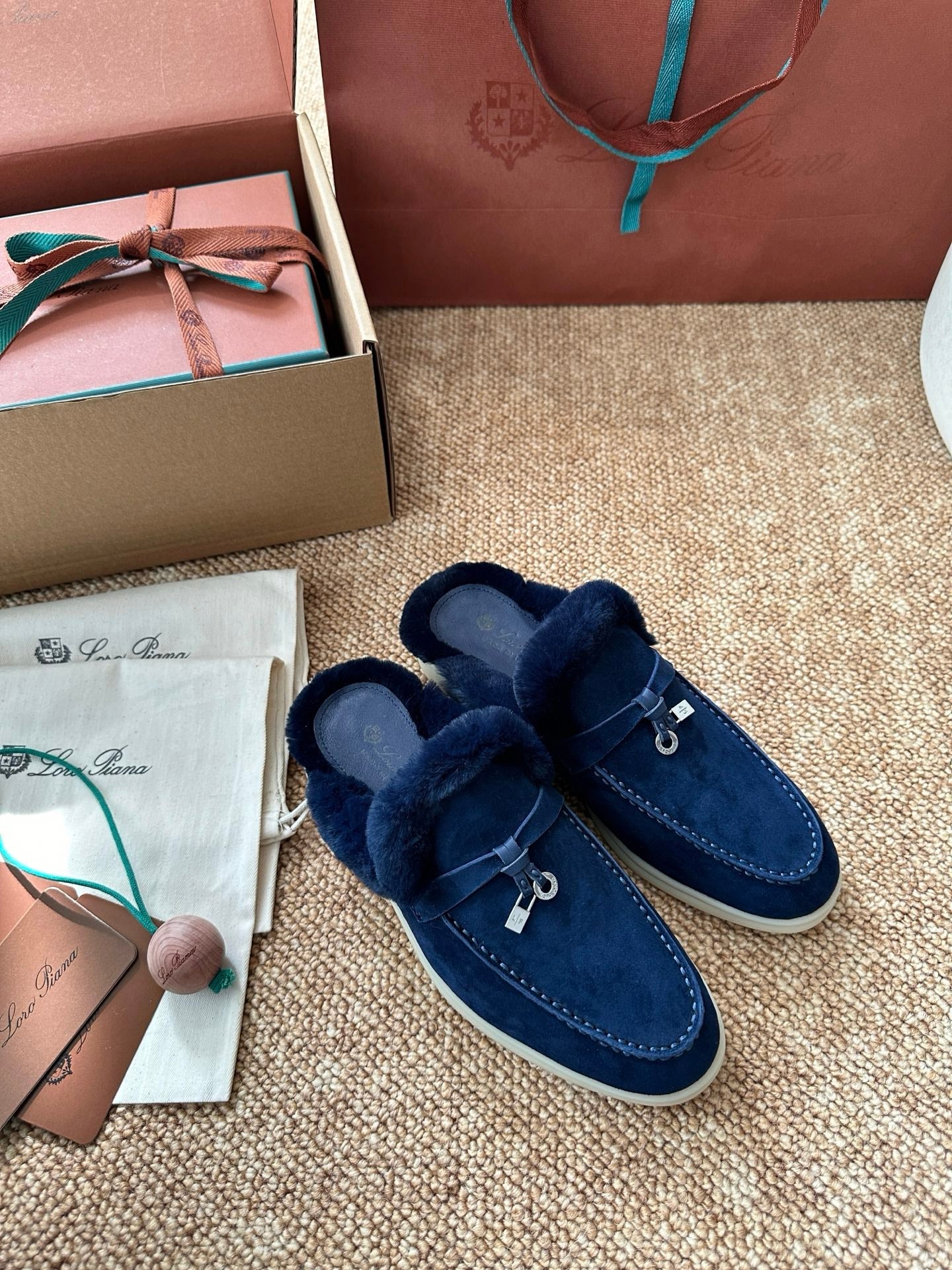 Loro Piana Charms Walk Flat Mules Dark Blue Suede Fur 623532