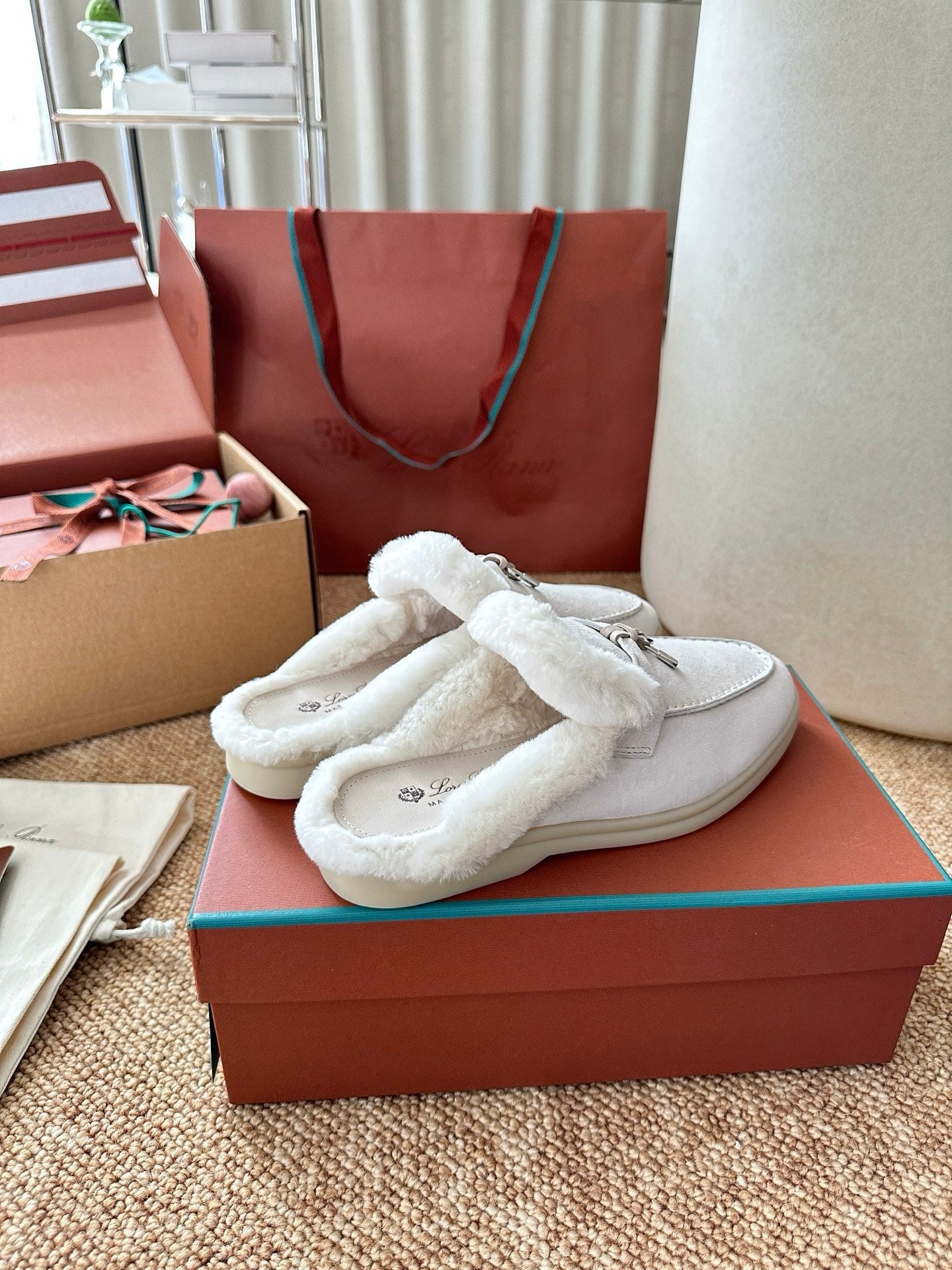 Loro Piana Charms Walk Flat Mules Grey Suede Fur 623531