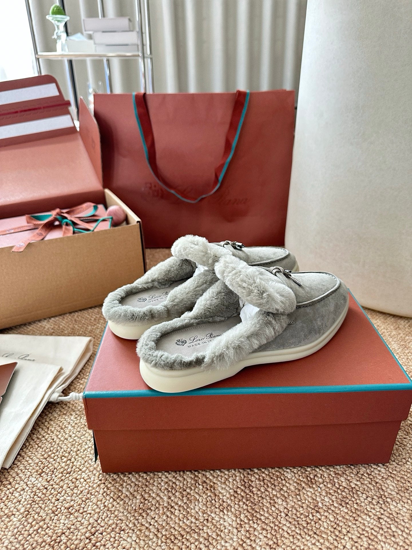 Loro Piana Charms Walk Flat Mules Gray-Green Suede Fur 623534