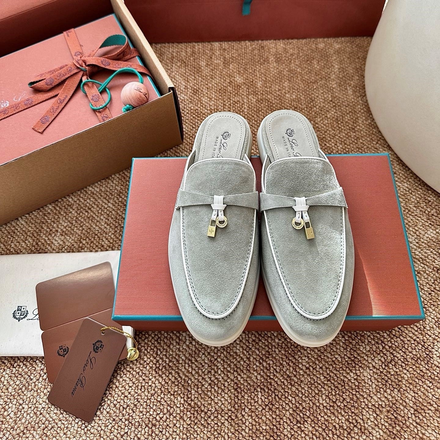 Loro Piana Charms Walk Flat Mules Targan GreenSuede 623545