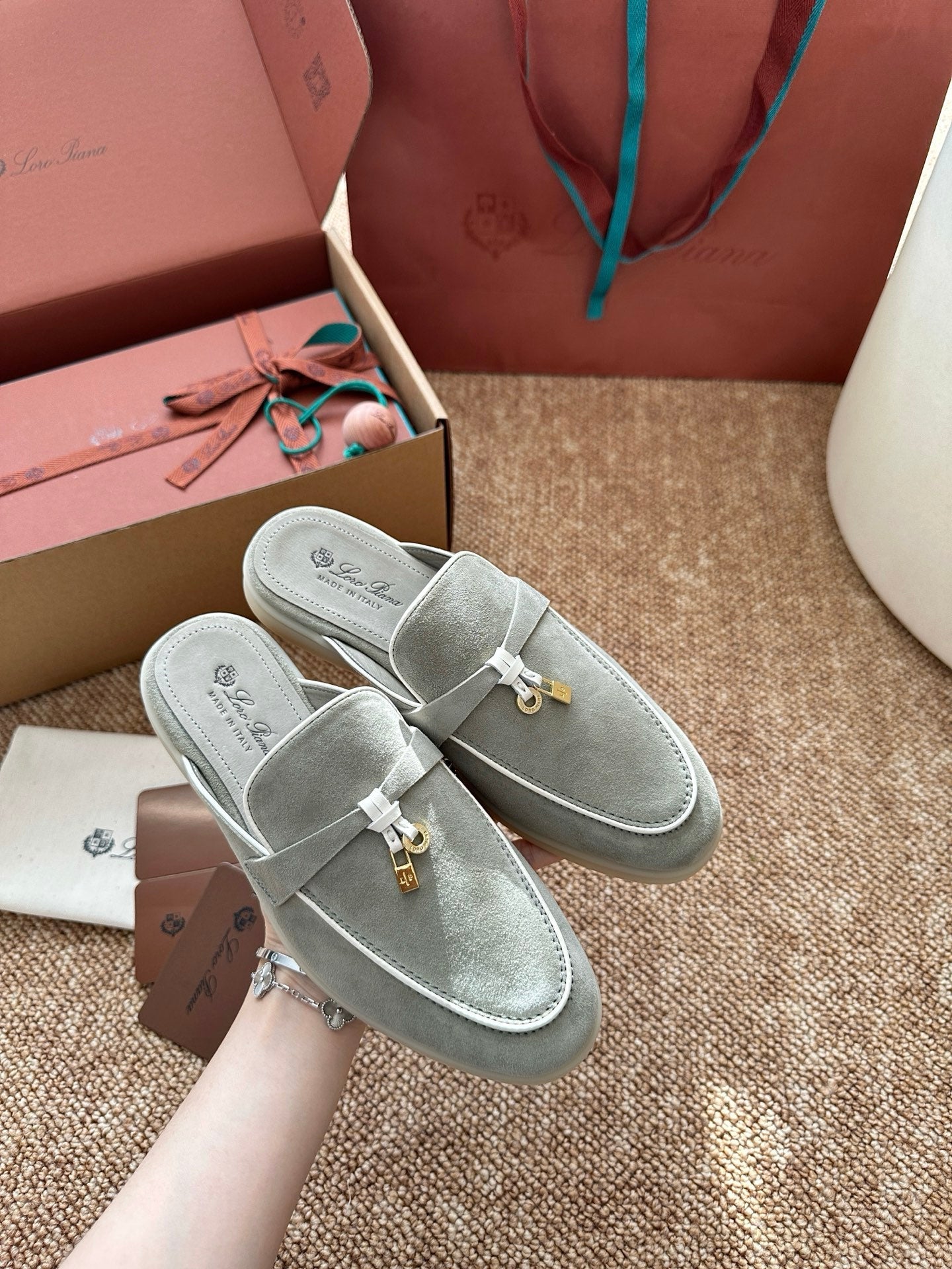 Loro Piana Charms Walk Flat Mules Targan GreenSuede 623545
