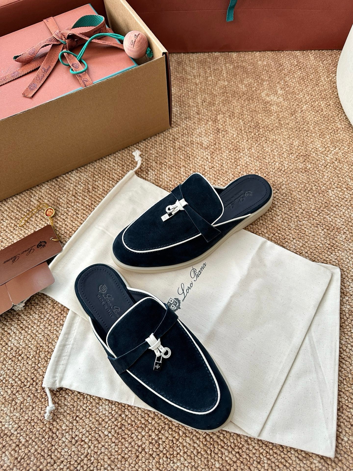 Loro Piana Charms Walk Flat Mules Deep Blue Suede 623550