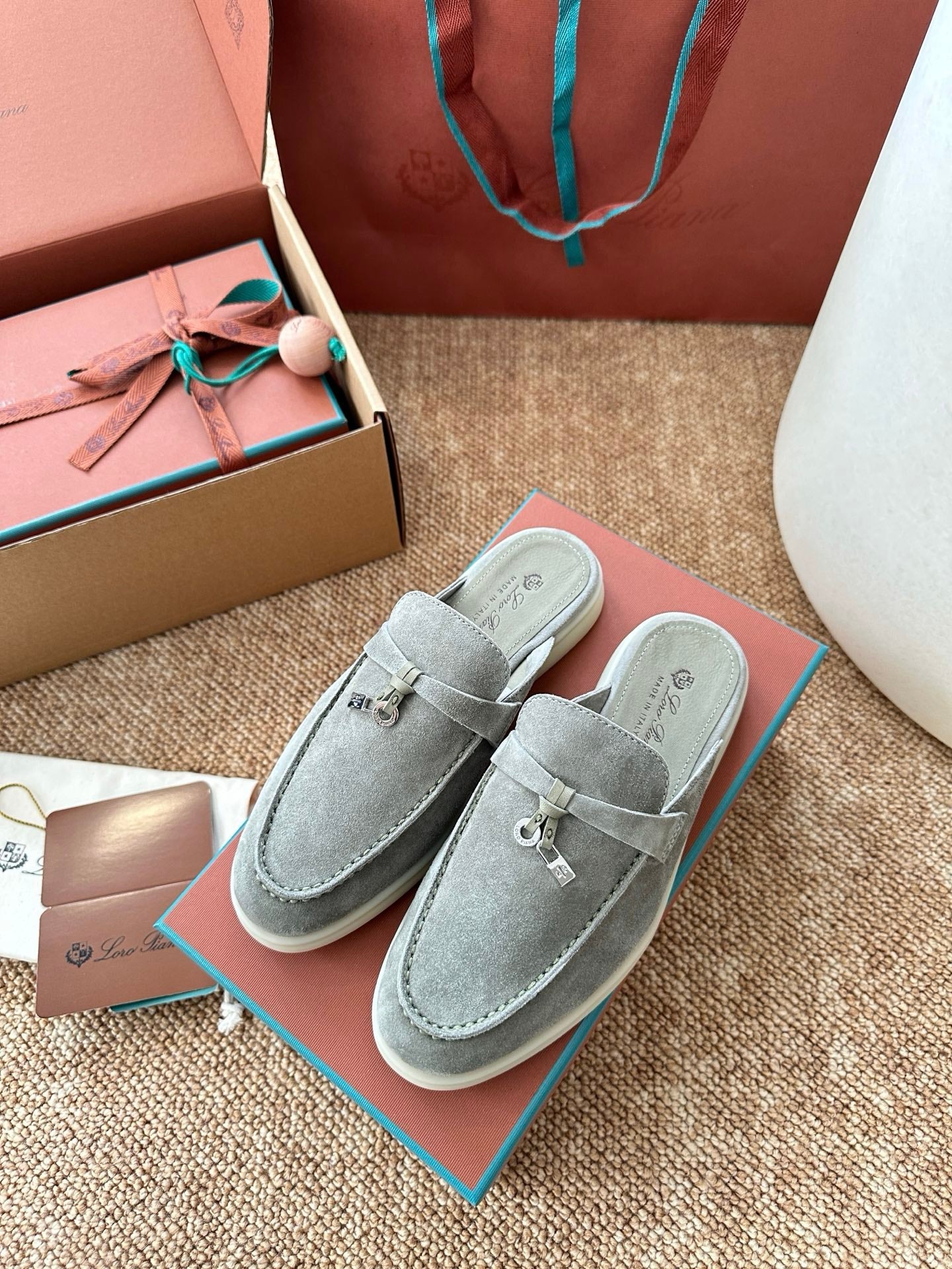 Loro Piana Charms Walk Flat Mules Gray-Green Suede 623552